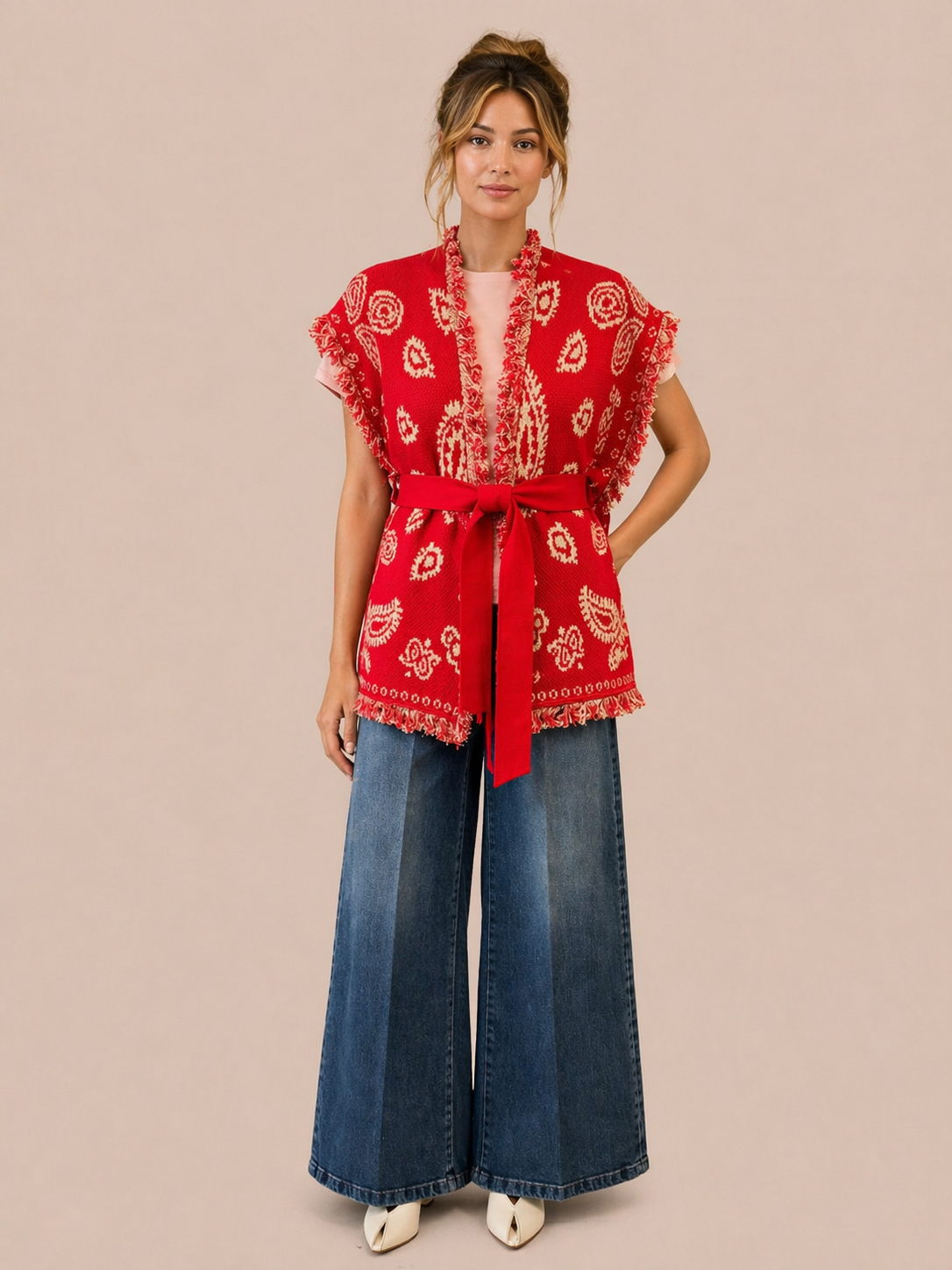 Red Belted Boho Knit Vest Cardigan - Fringe Relaxed Fit Statement Layer