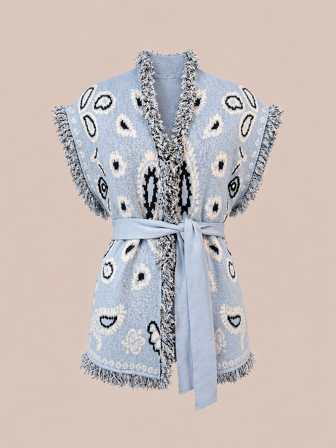 Light Blue Paisley Knit Belted Vest Cardigan - Fringe Trim Sleeveless Relaxed Fit Jacket