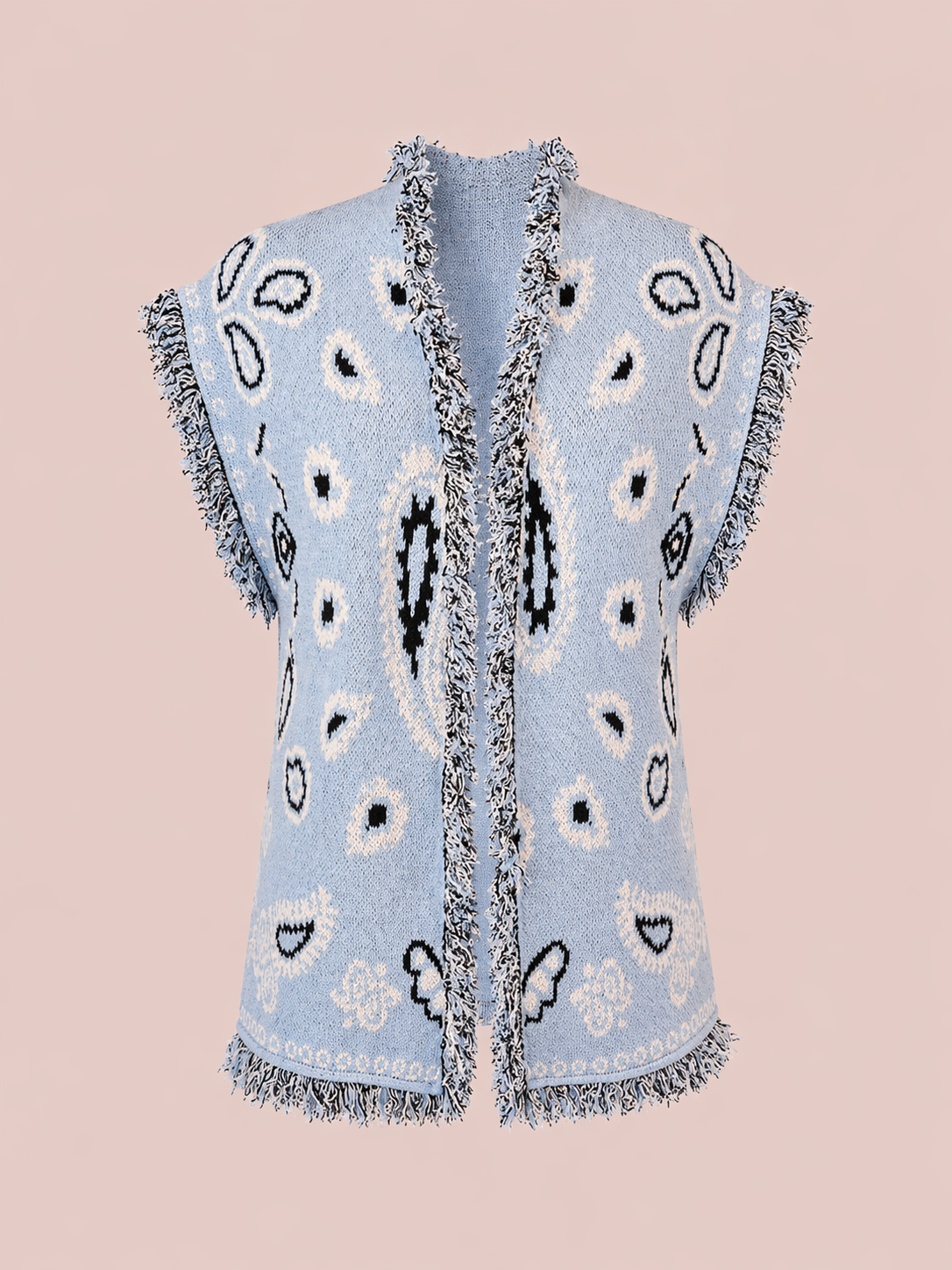 Light Blue Paisley Knit Belted Vest Cardigan - Fringe Trim Sleeveless Relaxed Fit Jacket