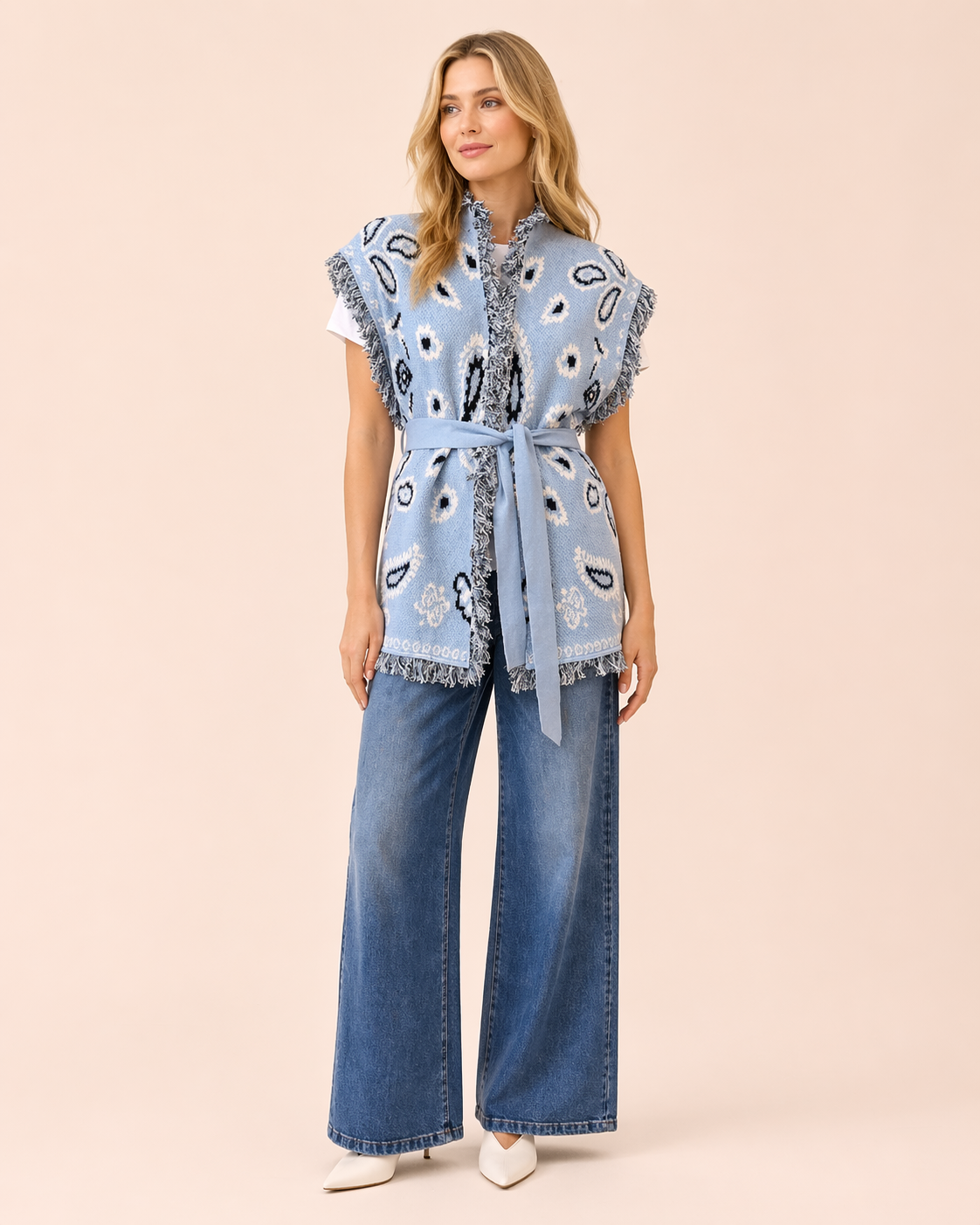 Light Blue Paisley Knit Belted Vest Cardigan - Fringe Trim Sleeveless Relaxed Fit Jacket