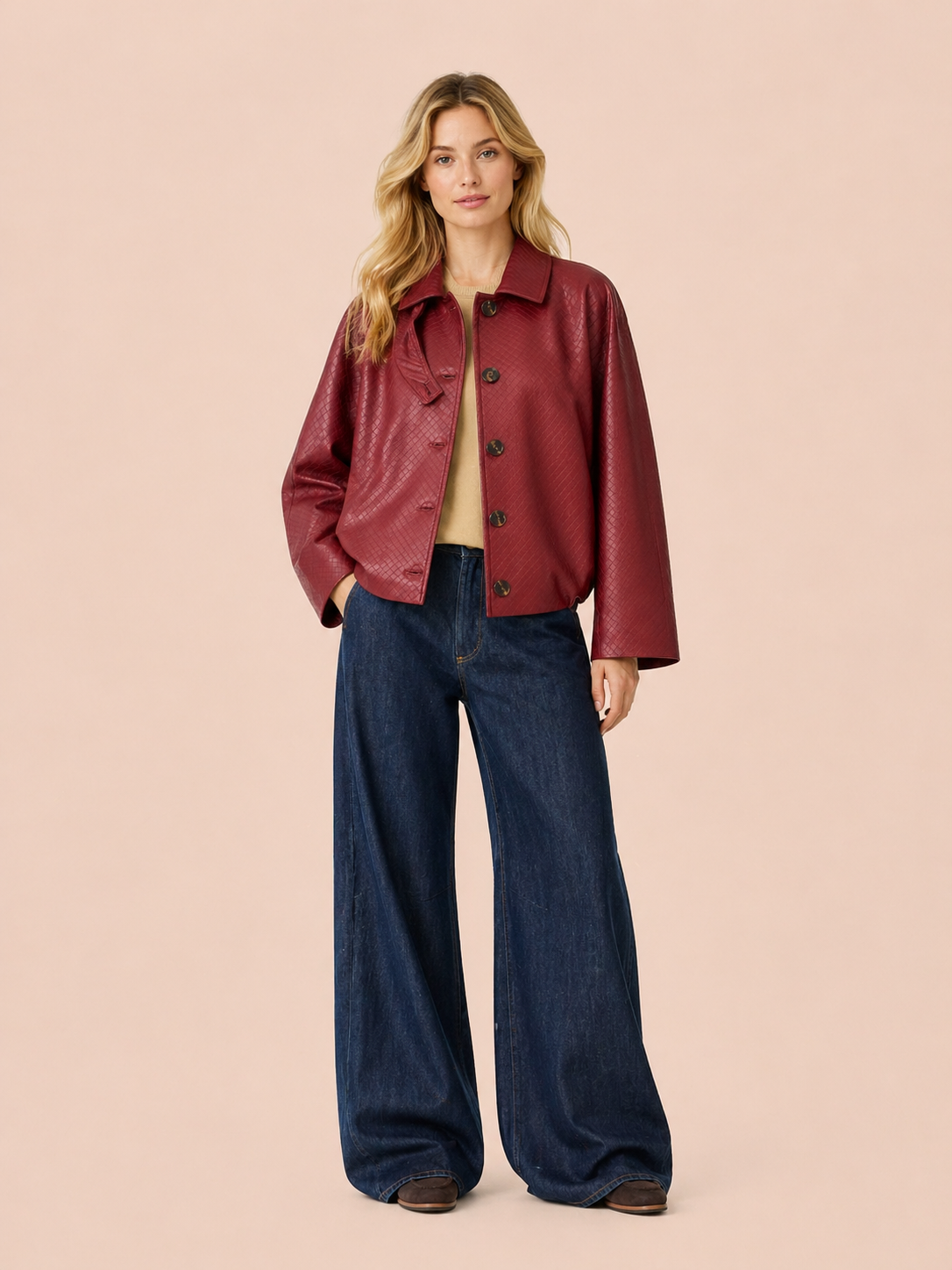 Burgundy Textured Cropped Eco Leather Jacket