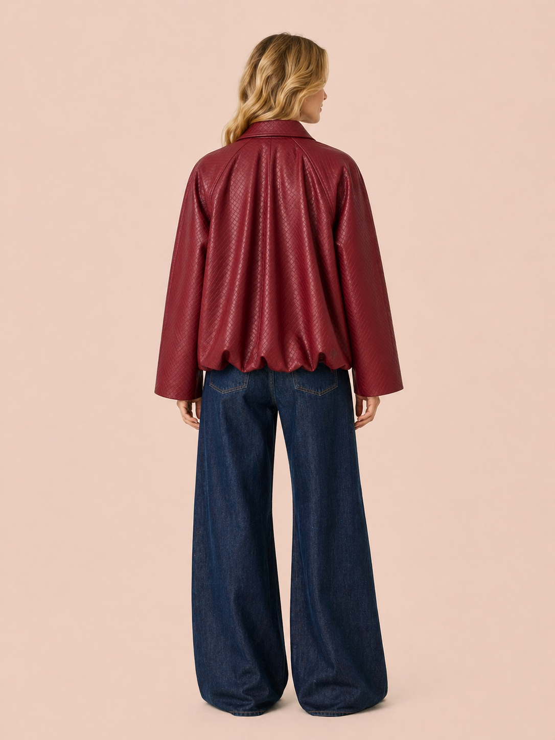 Burgundy Textured Cropped Eco Leather Jacket