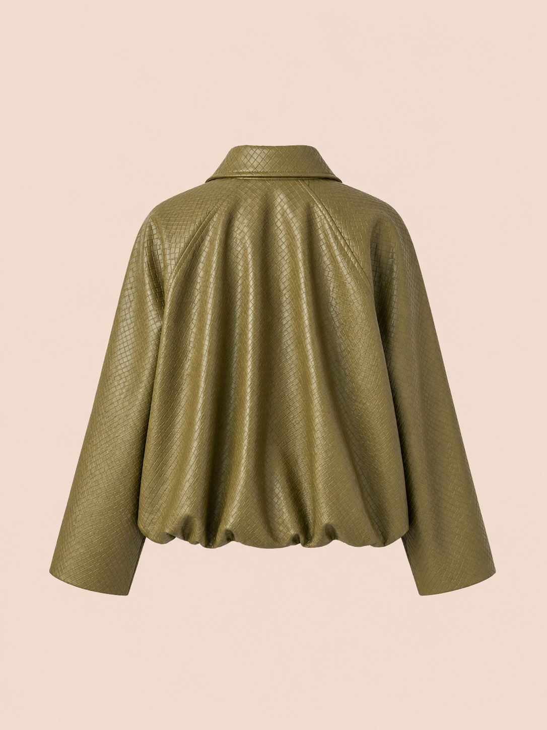 Olive Green Textured Cropped Eco Leather Jacket