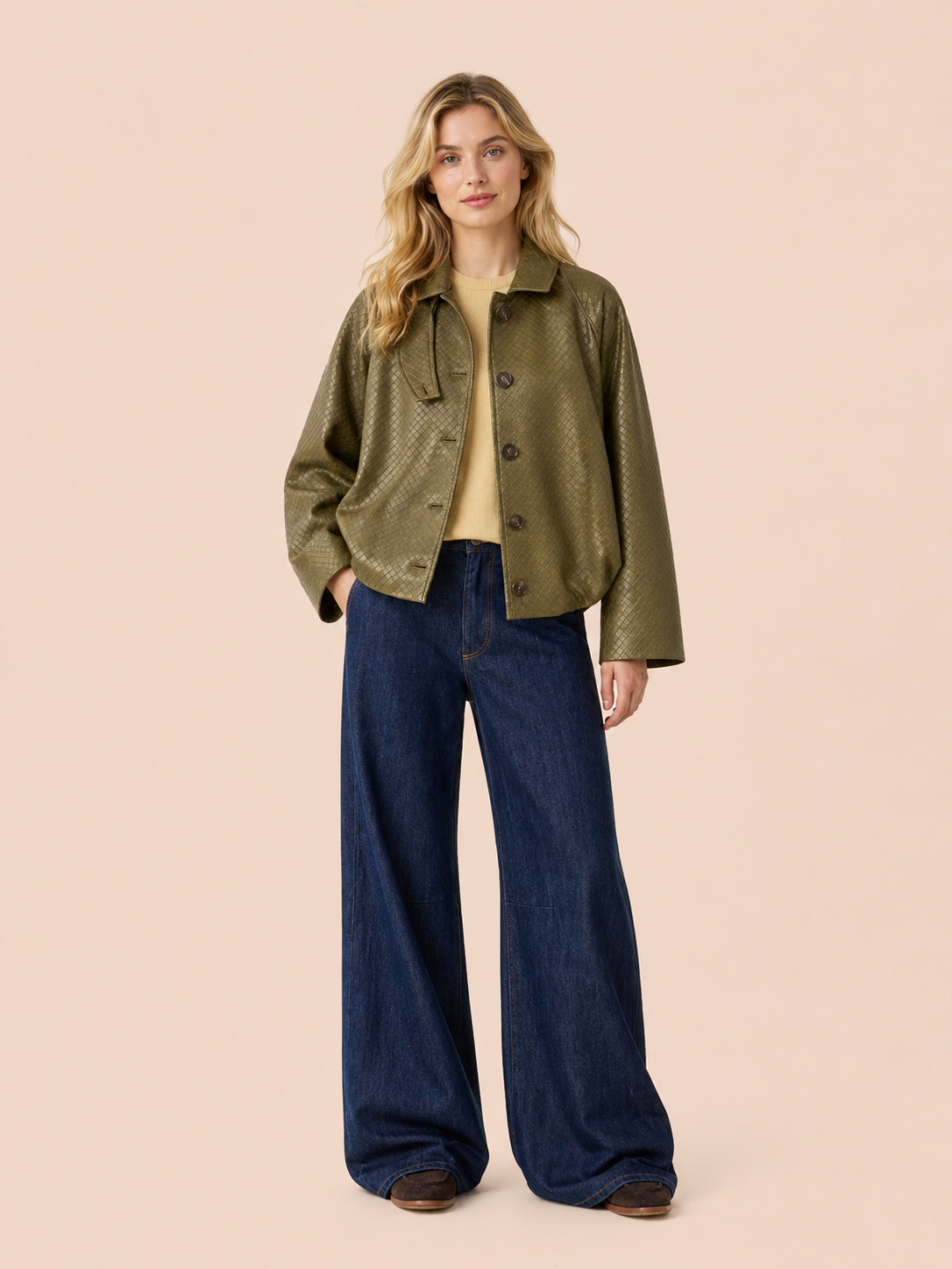 Olive Green Textured Cropped Eco Leather Jacket
