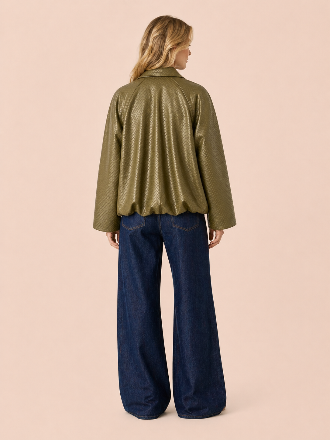 Olive Green Textured Cropped Eco Leather Jacket
