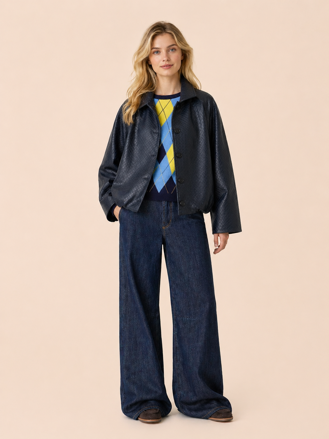Navy Textured Cropped Eco Leather Jacket