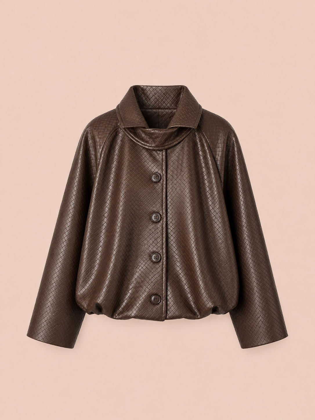 Brown Textured Cropped Eco Leather Jacket