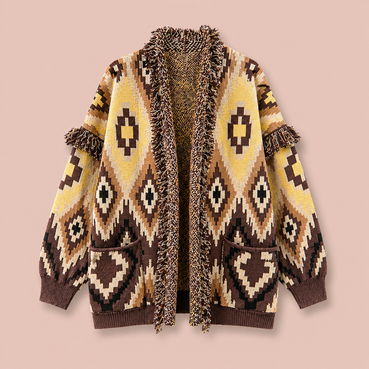 Boho Aztec Knit Cardigan With Pockets - Oversized Fringe Sweater Jacket