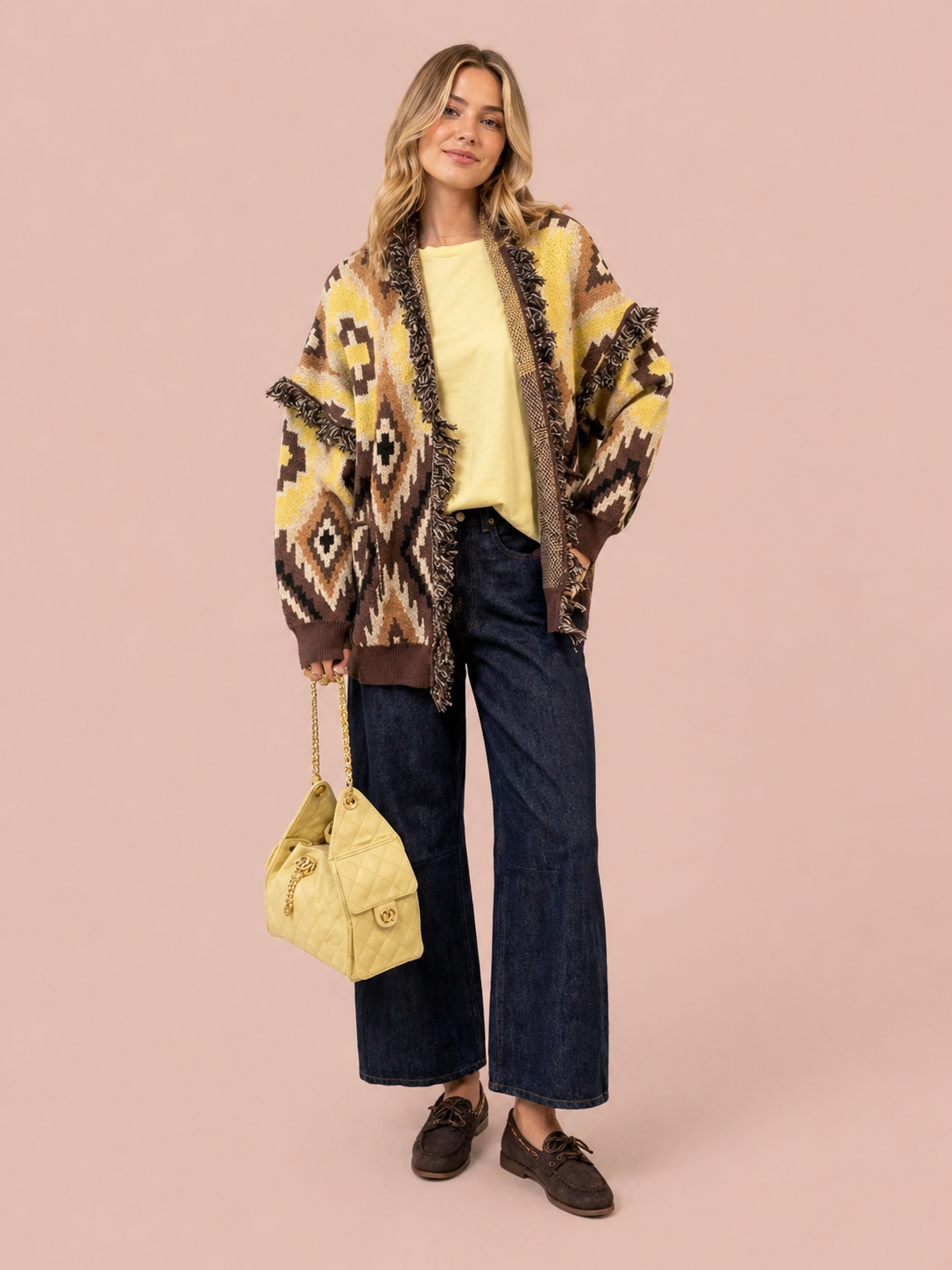 Boho Aztec Knit Cardigan With Pockets - Oversized Fringe Sweater Jacket