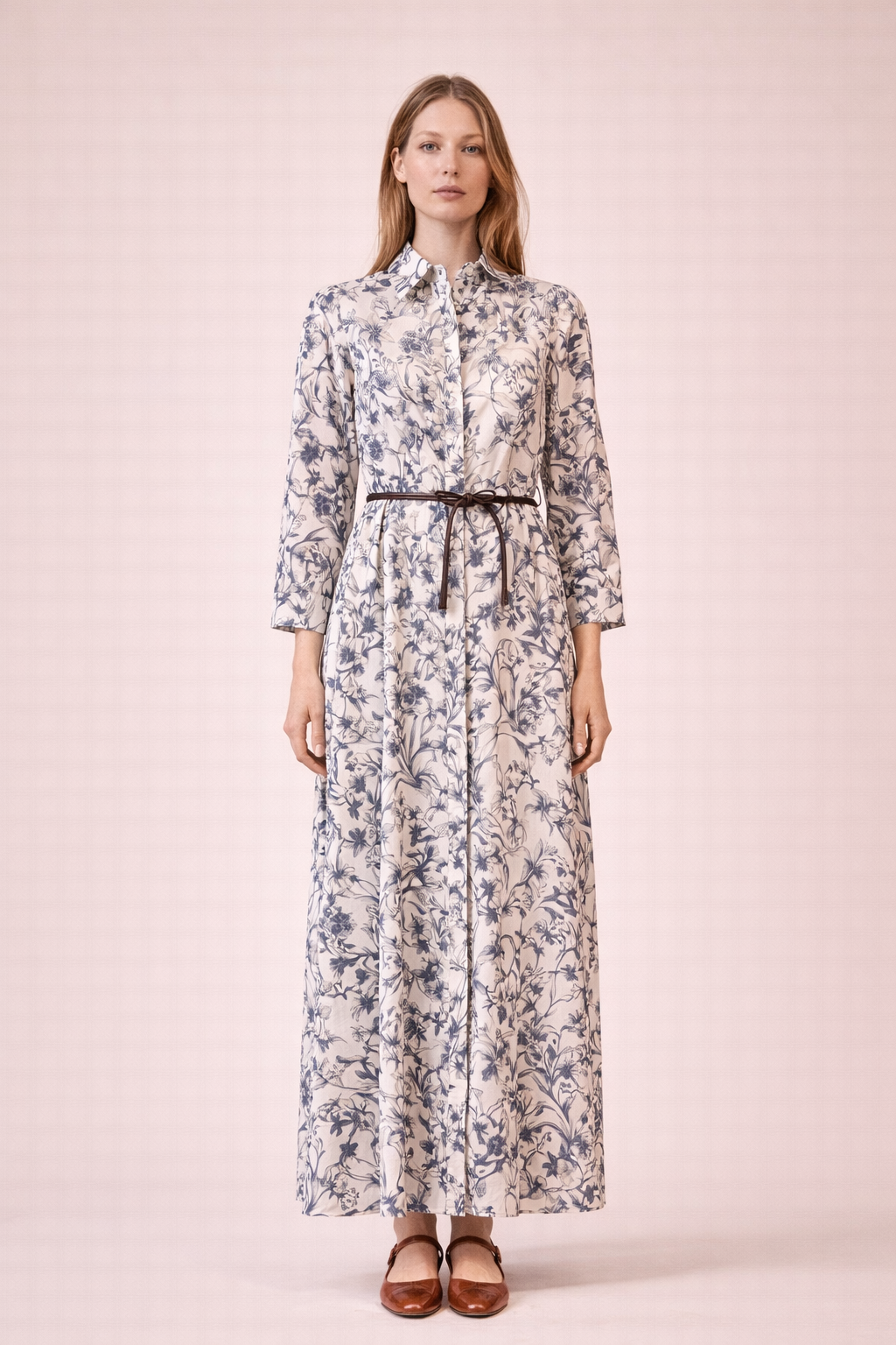 Blue Floral Maxi Dress - Elegant Long Sleeve Shirt Dress with Belt