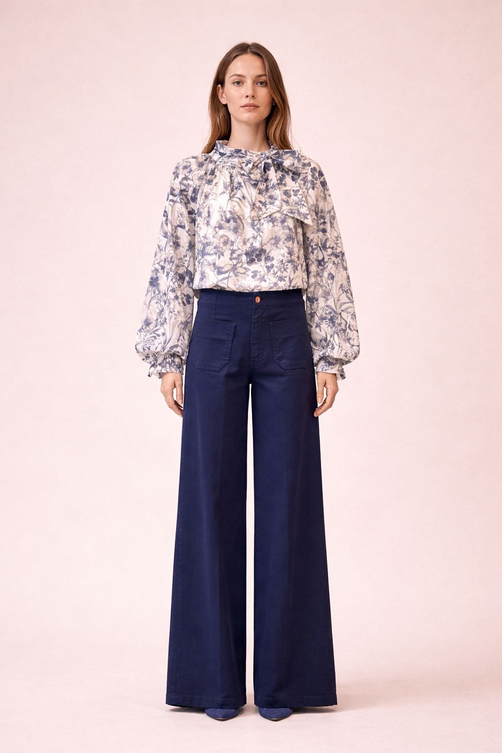 Blue Floral Blouse - Elegant Long Sleeve Tie Neck Top