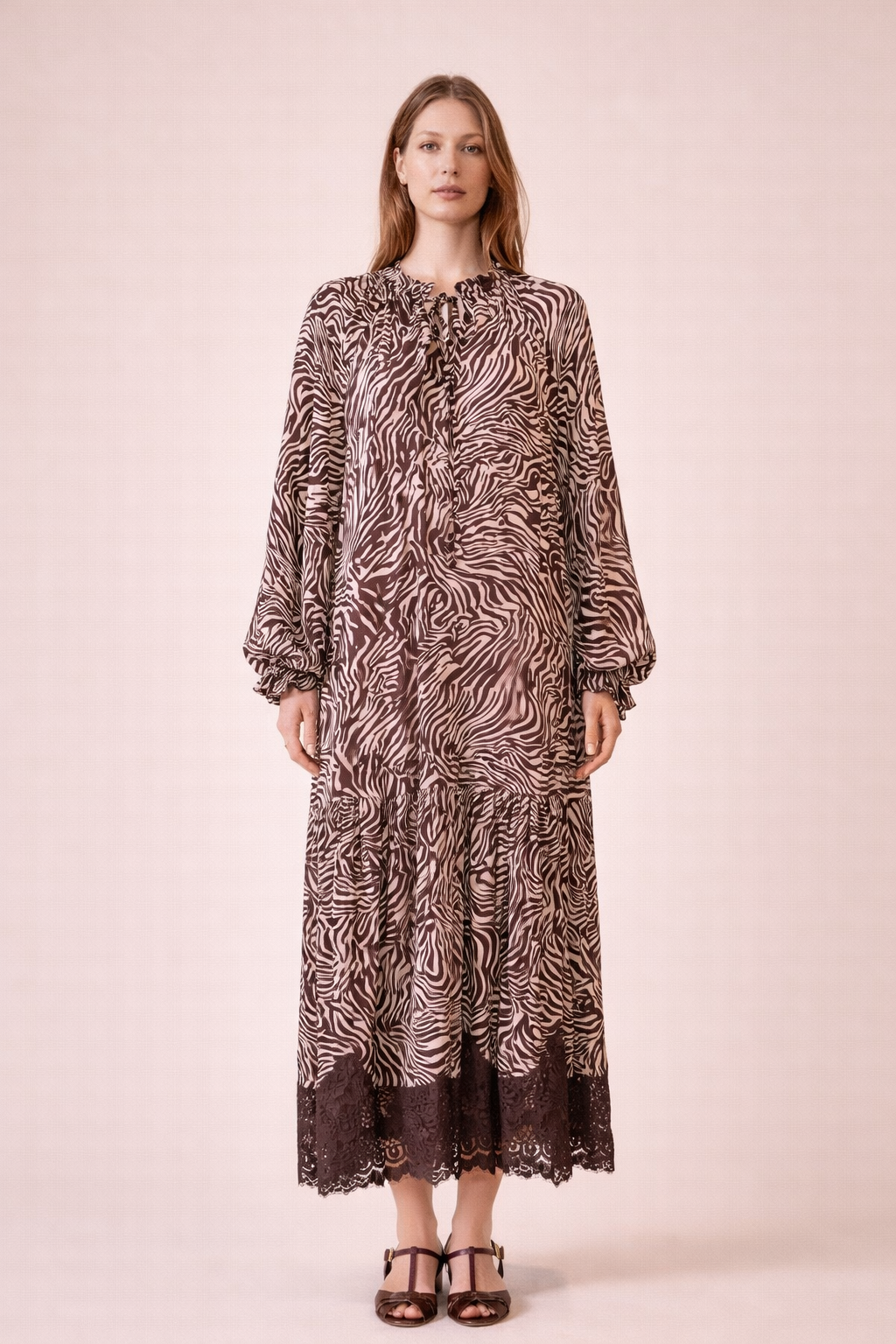 Zebra Print Maxi Dress - Brown Boho Tiered Midi with Lace Hem