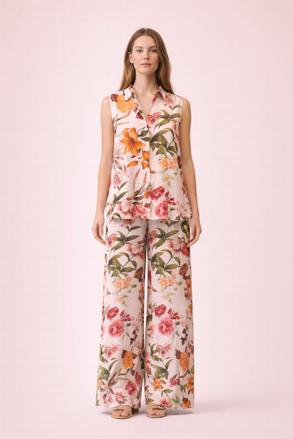 Sleeveless Floral Shirt - Elegant Lightweight Button-Up Blouse