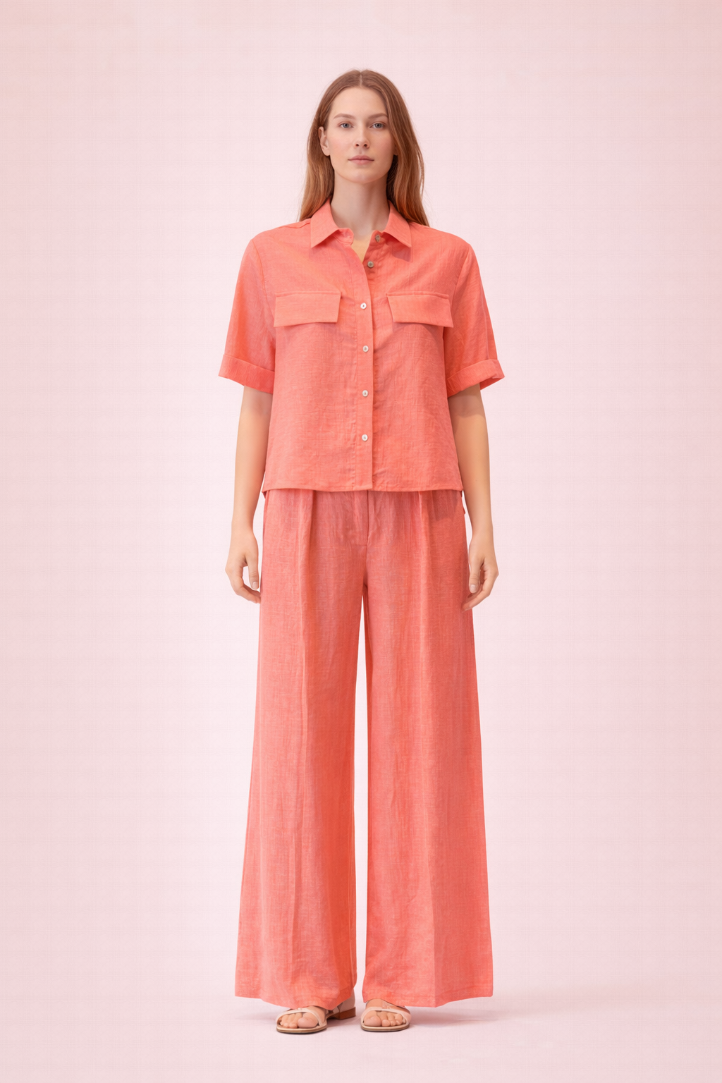 Coral Linen Short Sleeve Shirt - Relaxed Fit Summer Button-Up Top