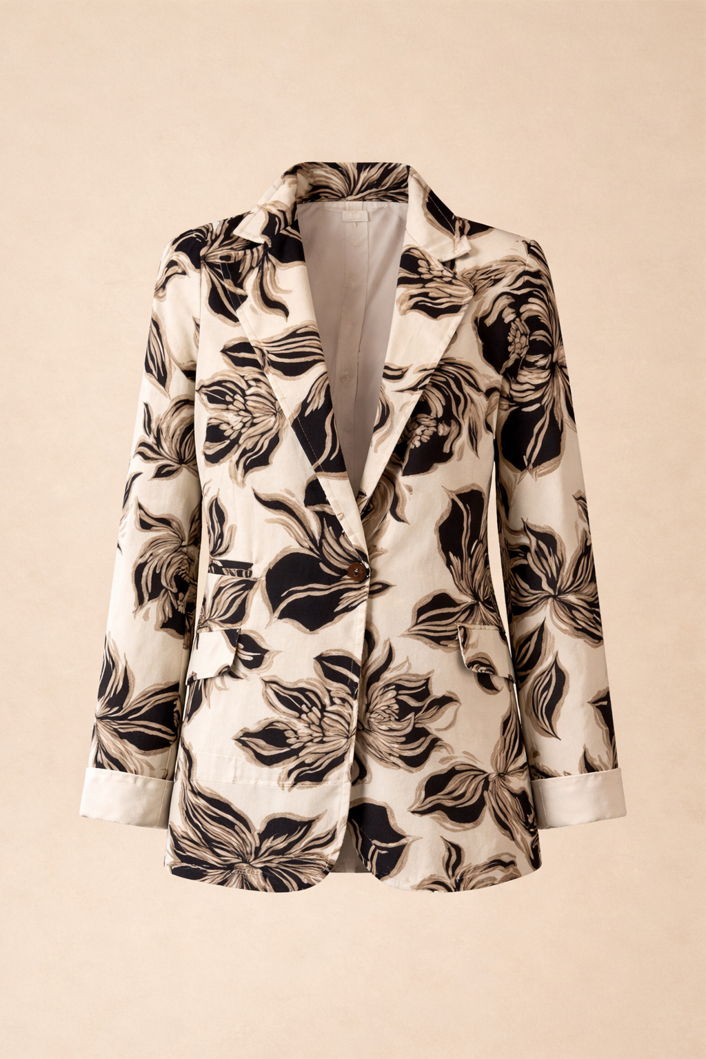 Women's Relaxed Fit Black & Beige Floral Blazer - One Button Jacket