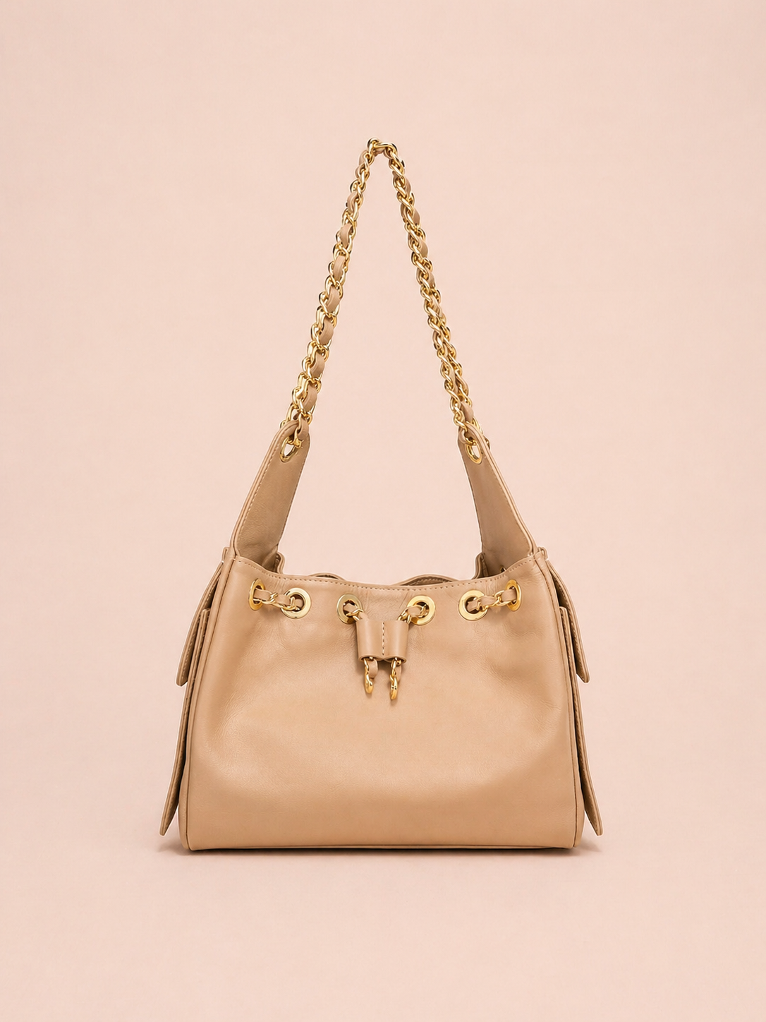Beige Leather Shoulder Bag With Gold Chain Strap