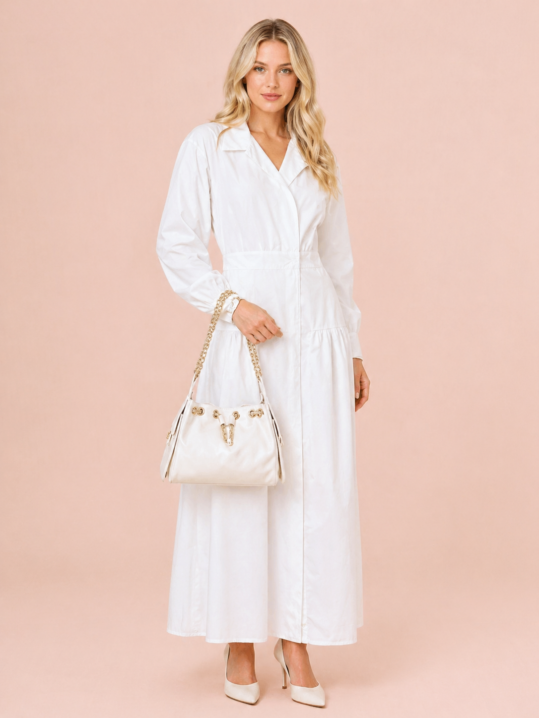 White Leather Shoulder Bag With Gold Chain Strap