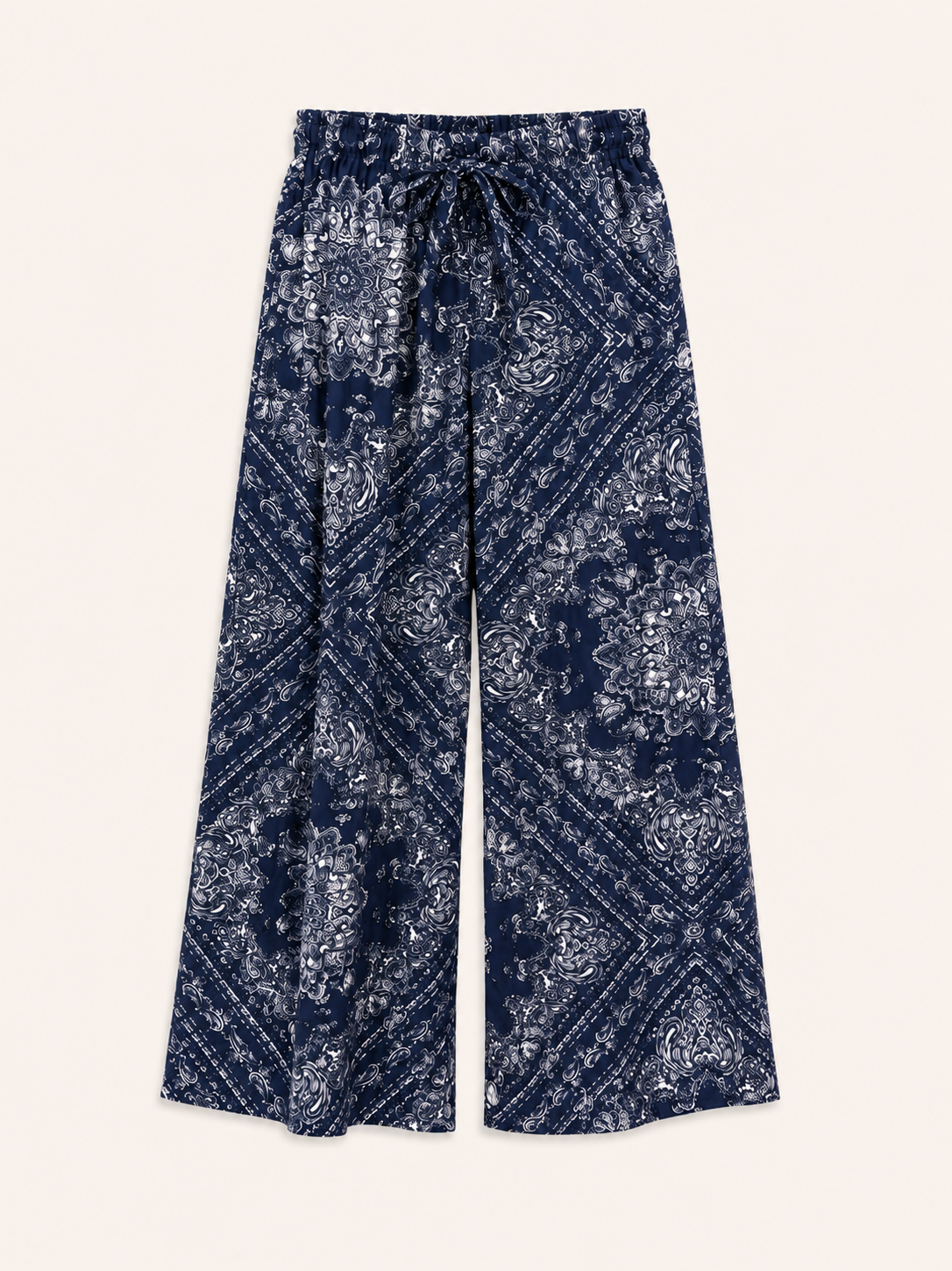 Navy & White Paisley Print Wide-Leg Trousers With Tie Waist