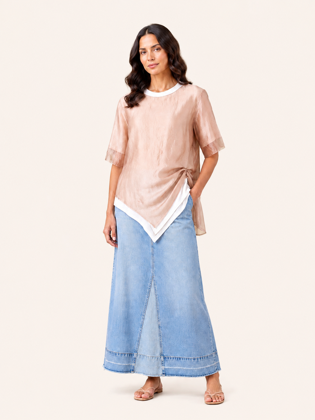 Champagne Layered Asymmetric Top With Side Knot Detail