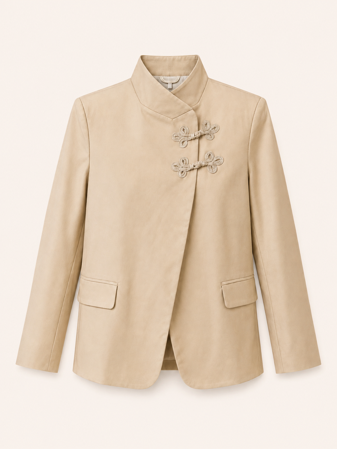 Beige Mandarin Collar Blazer With Knot Closures