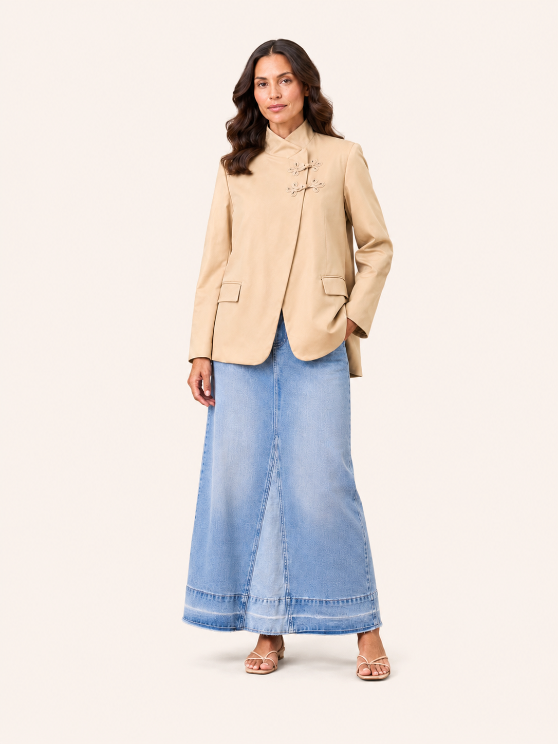 Beige Mandarin Collar Blazer With Knot Closures