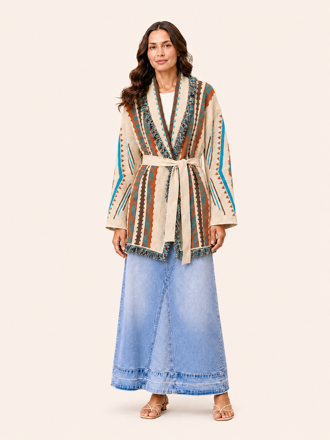 Oversized Cream Aztec Print Belted Fringe Cardigan