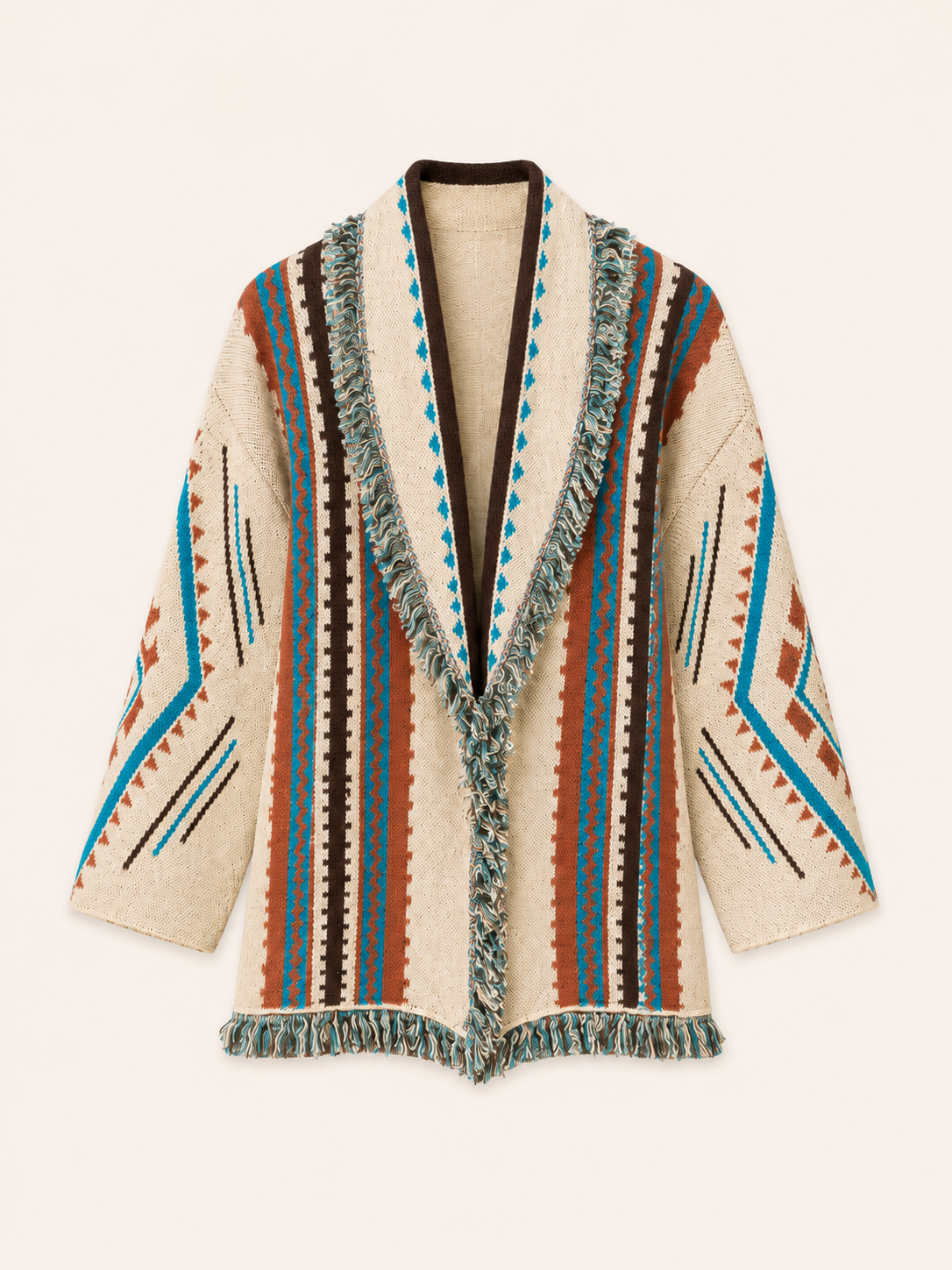 Oversized Cream Aztec Print Belted Fringe Cardigan