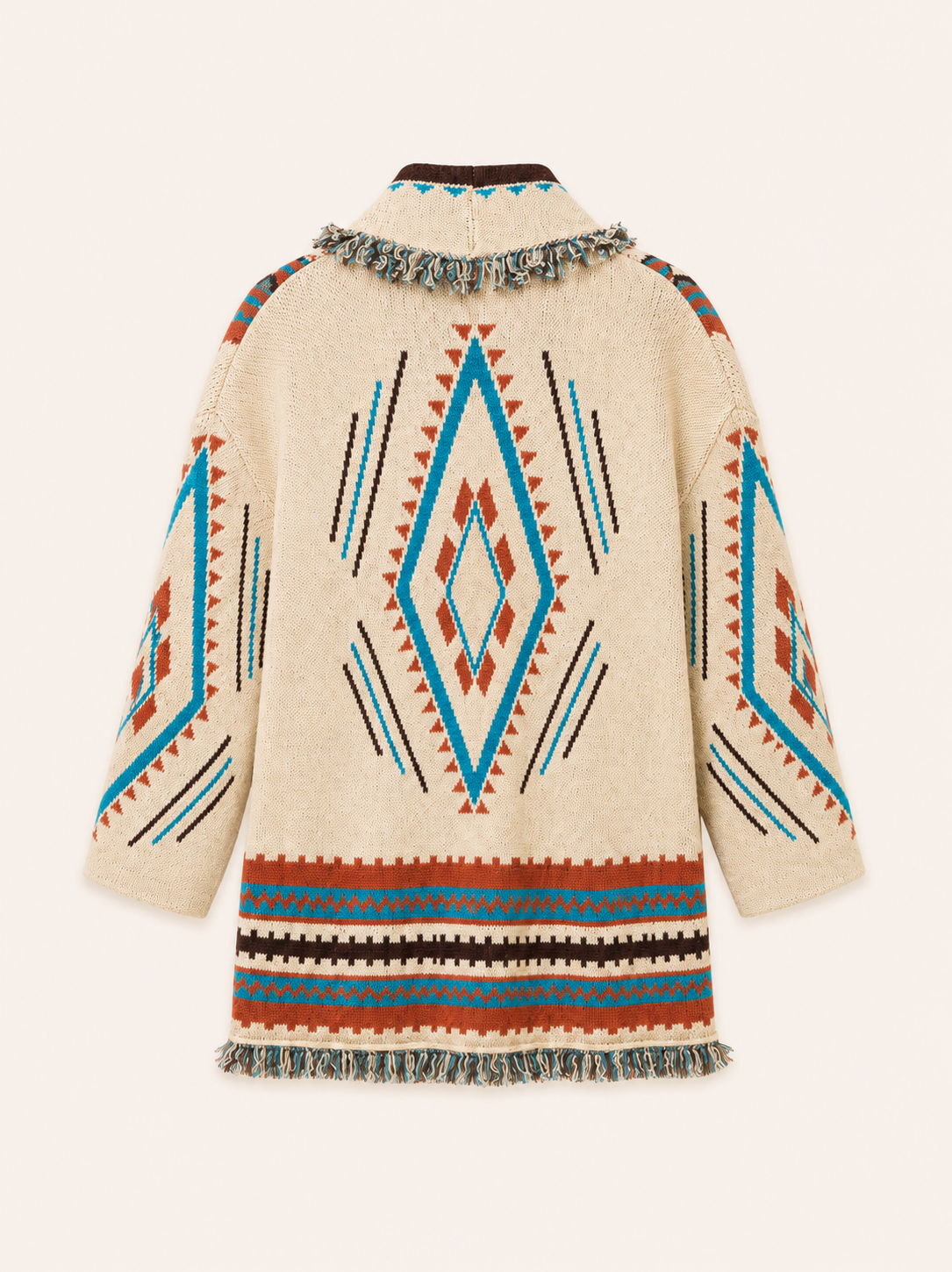 Oversized Cream Aztec Print Belted Fringe Cardigan