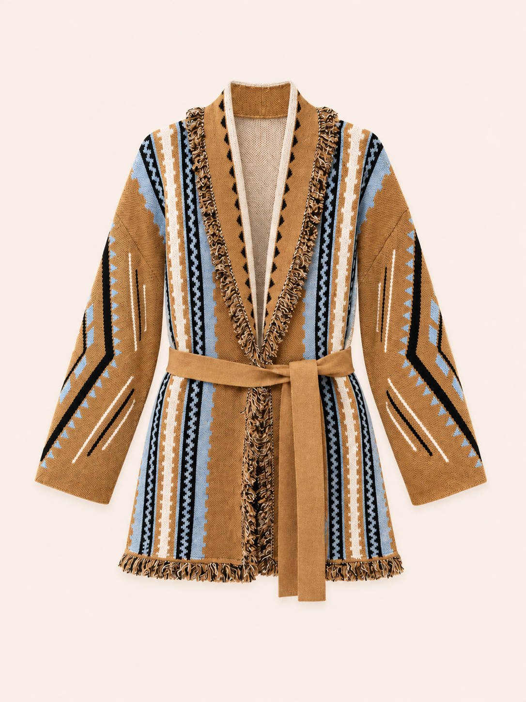 Oversized Camel Aztec Print Belted Fringe Cardigan
