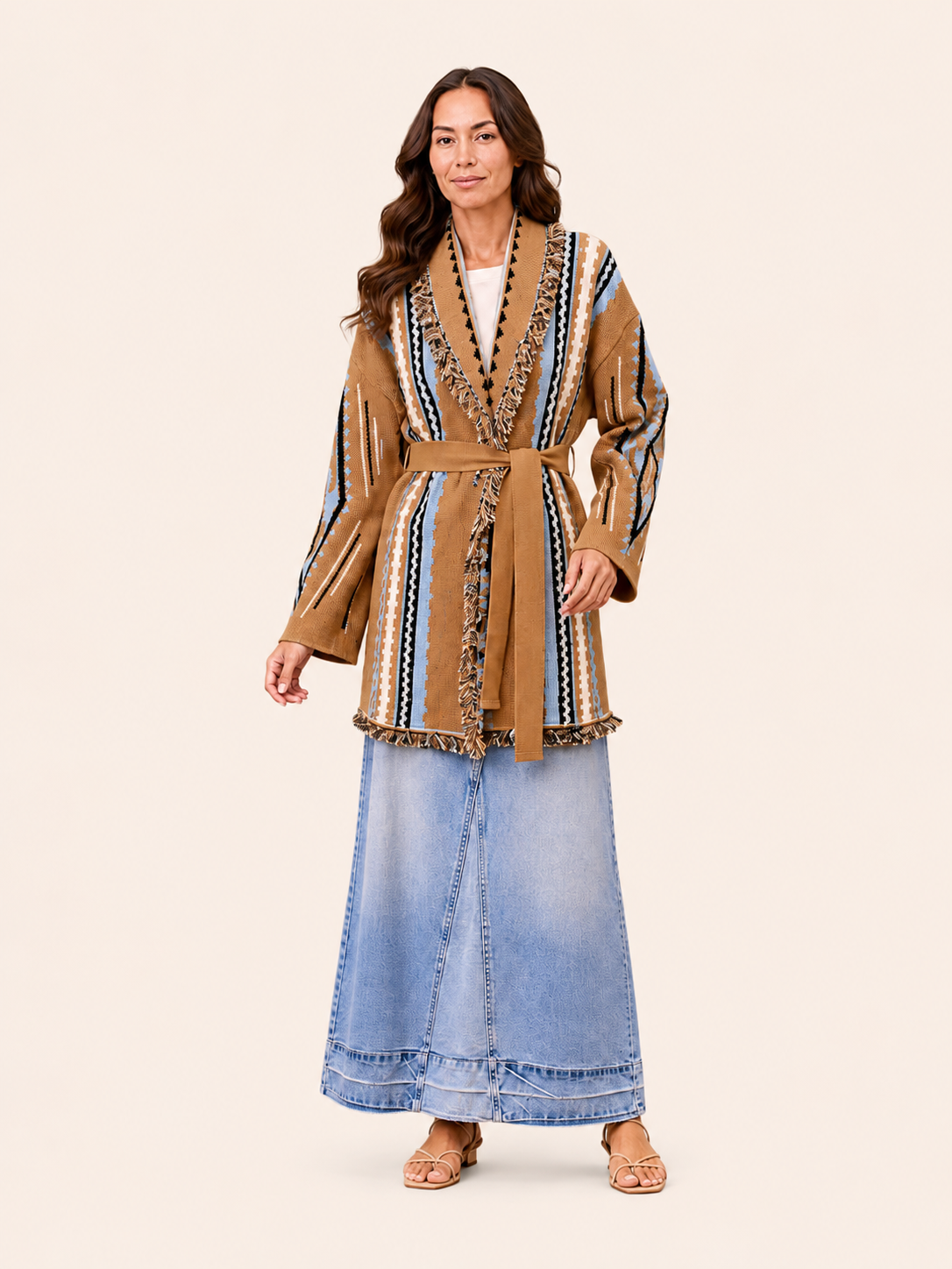 Oversized Camel Aztec Print Belted Fringe Cardigan