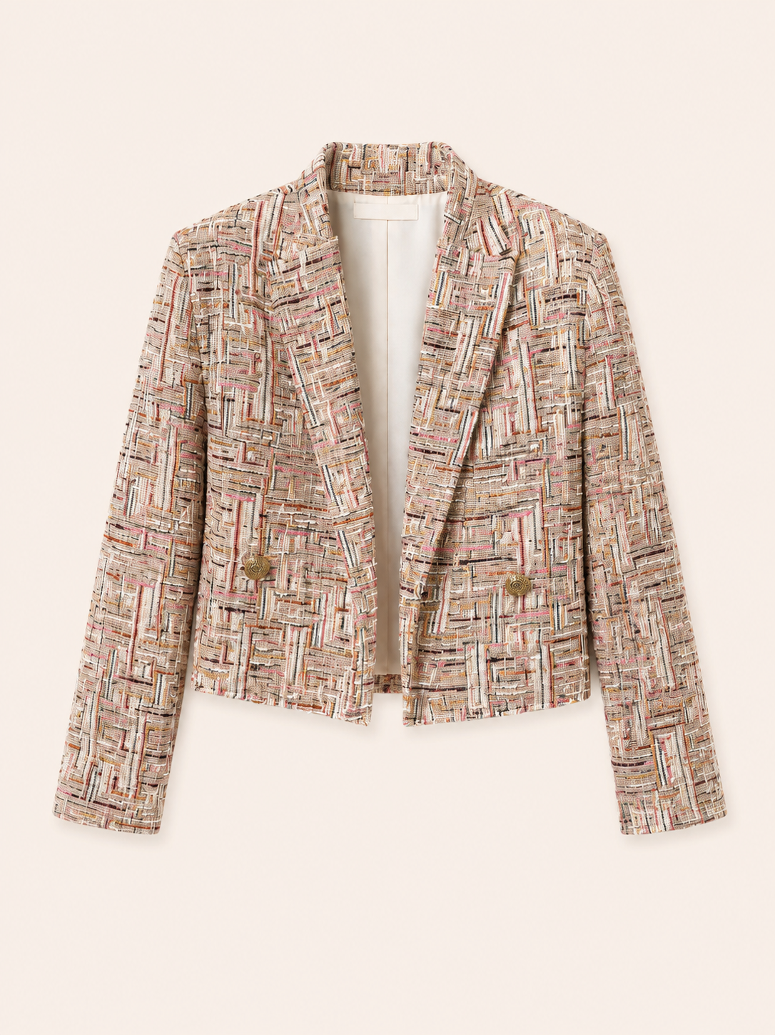 Beige Multicolour Tweed Cropped Blazer With Gold Buttons