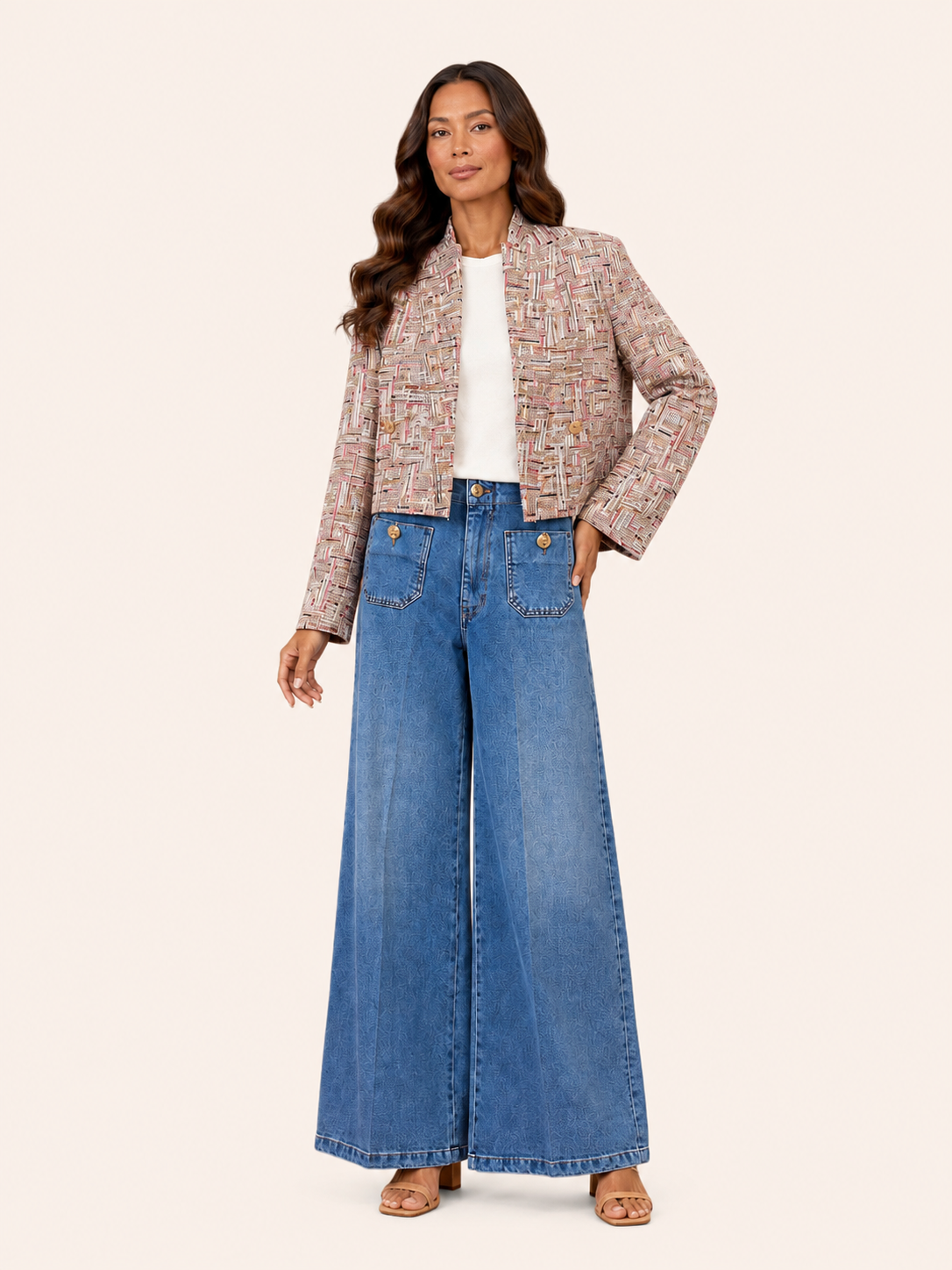 Beige Multicolour Tweed Cropped Blazer With Gold Buttons