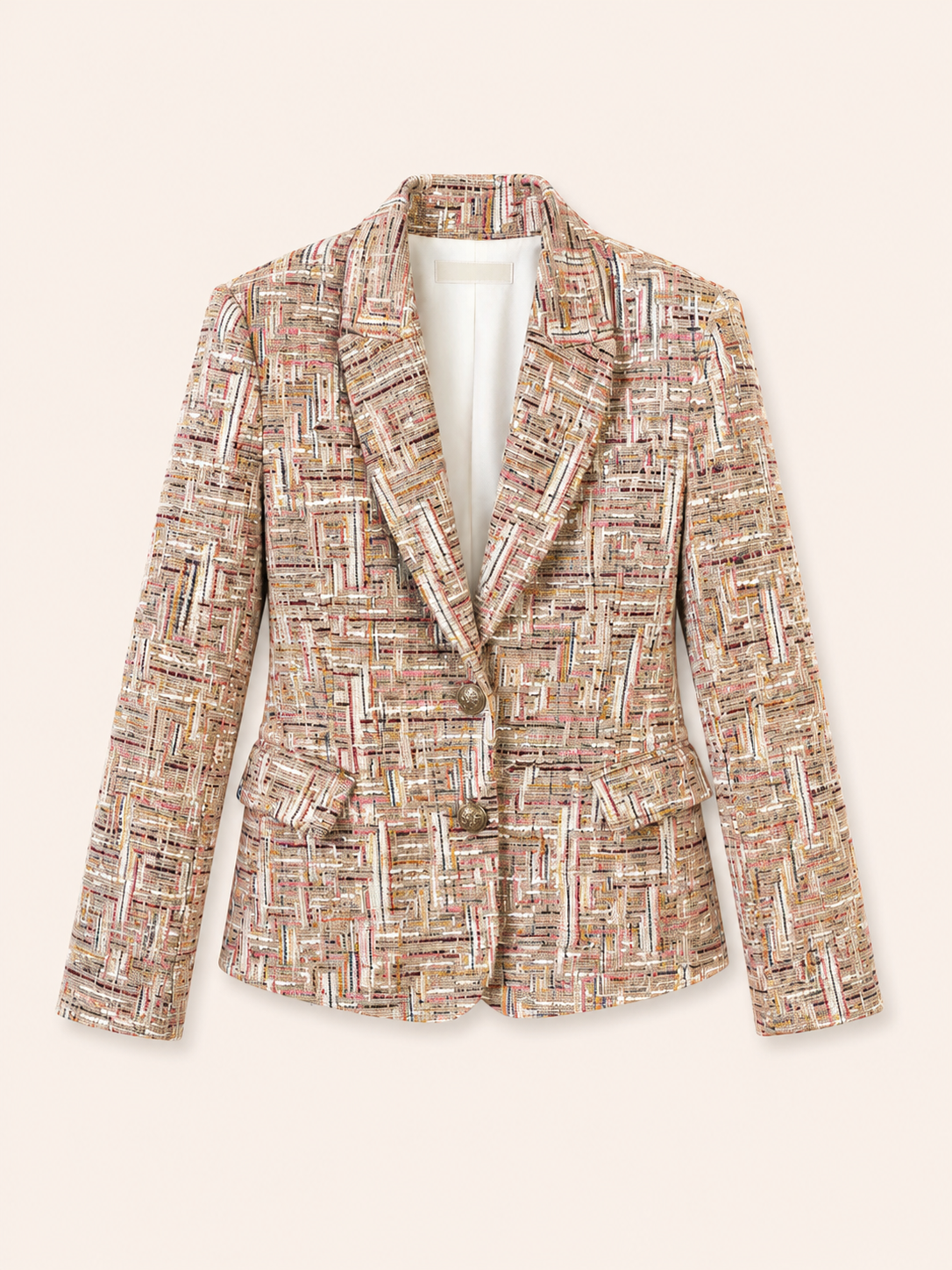 Beige Multicolour Tweed Blazer With Gold Buttons
