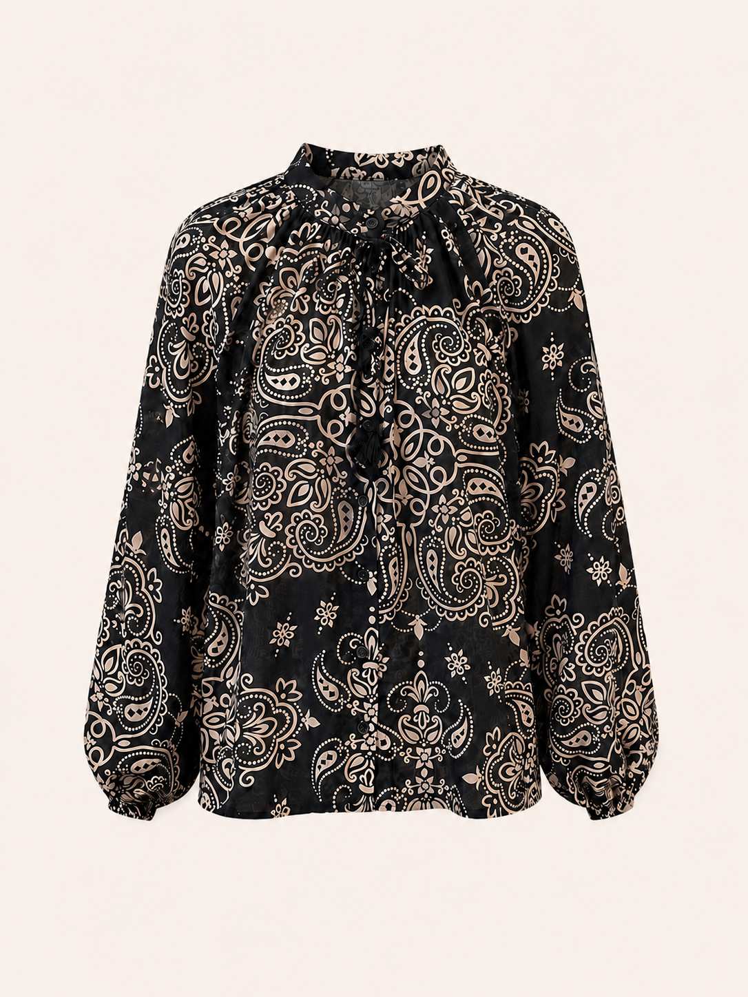 Black & Beige Paisley Print Tie-Neck Blouse - Balloon Sleeves