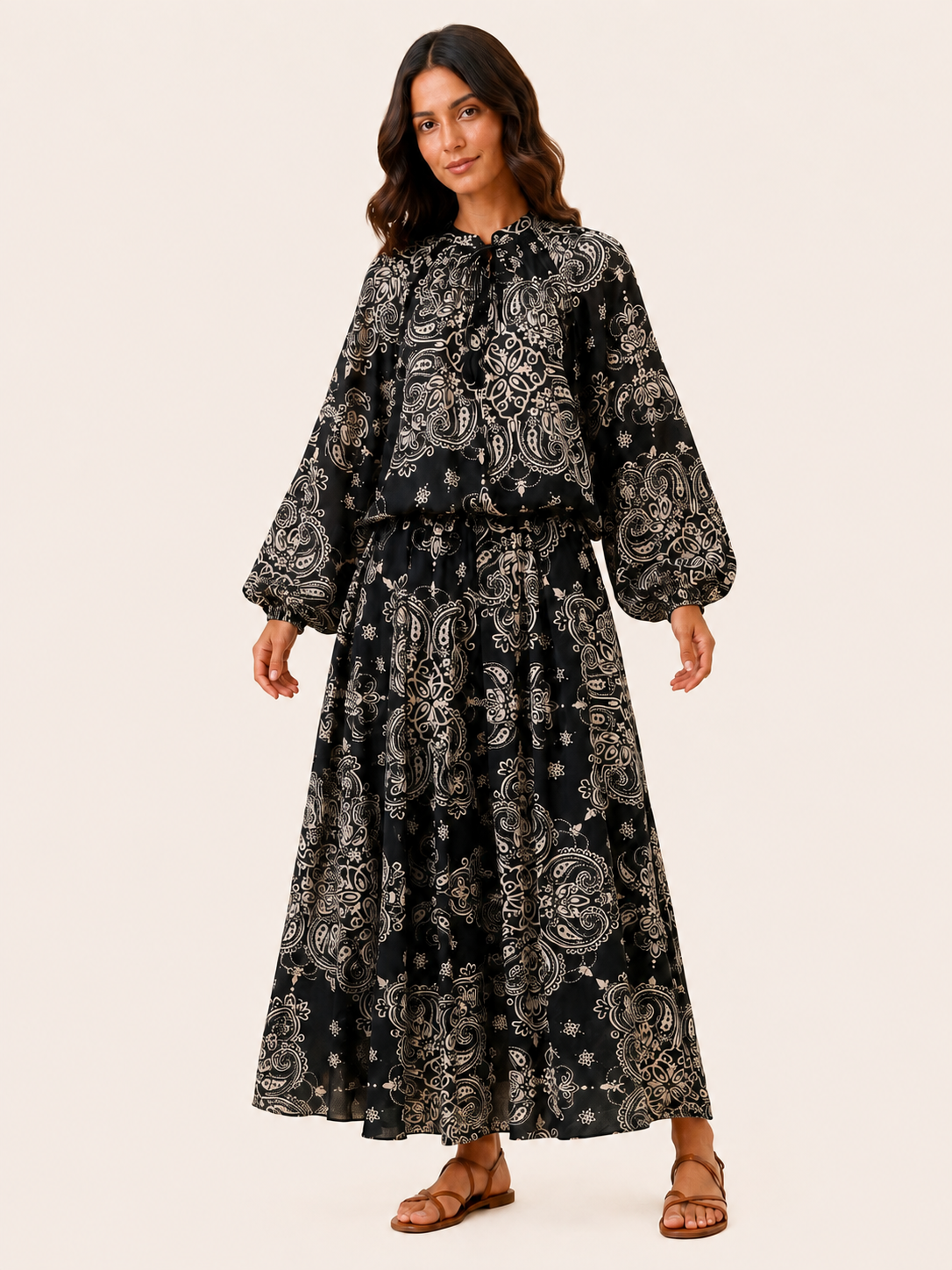 Black & Beige Paisley Print Tie-Neck Blouse - Balloon Sleeves