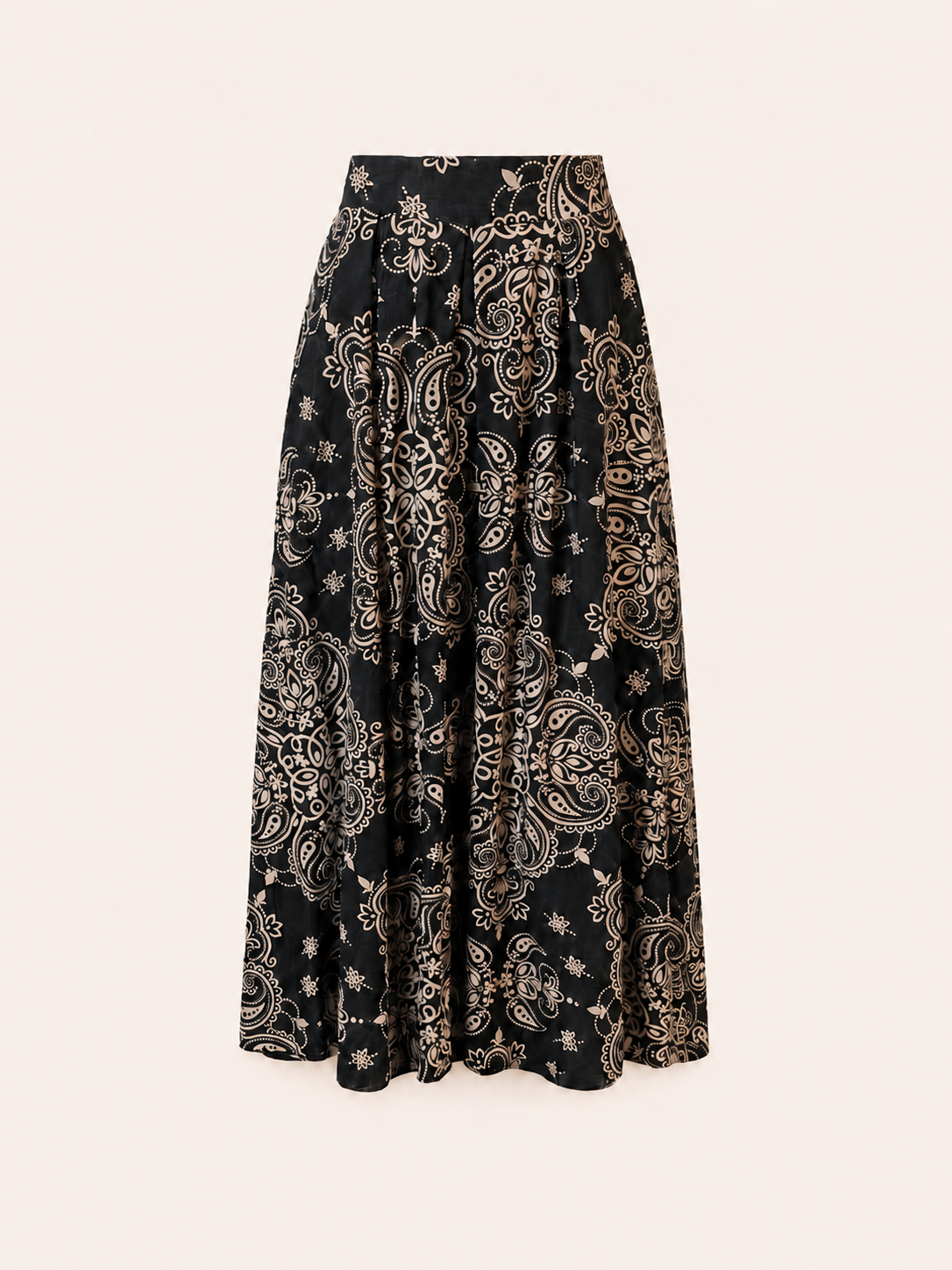 Black & Beige Paisley Print Pleated Maxi Skirt