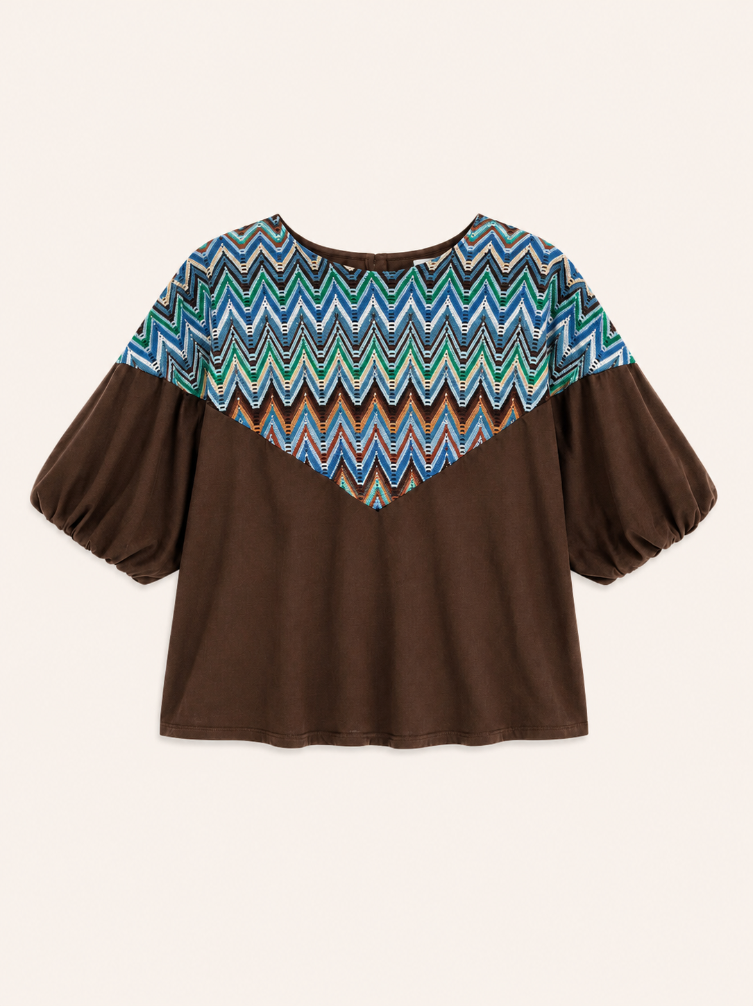 Relaxed Fit Brown & Multicolor Zigzag Print Top With Puff Sleeves
