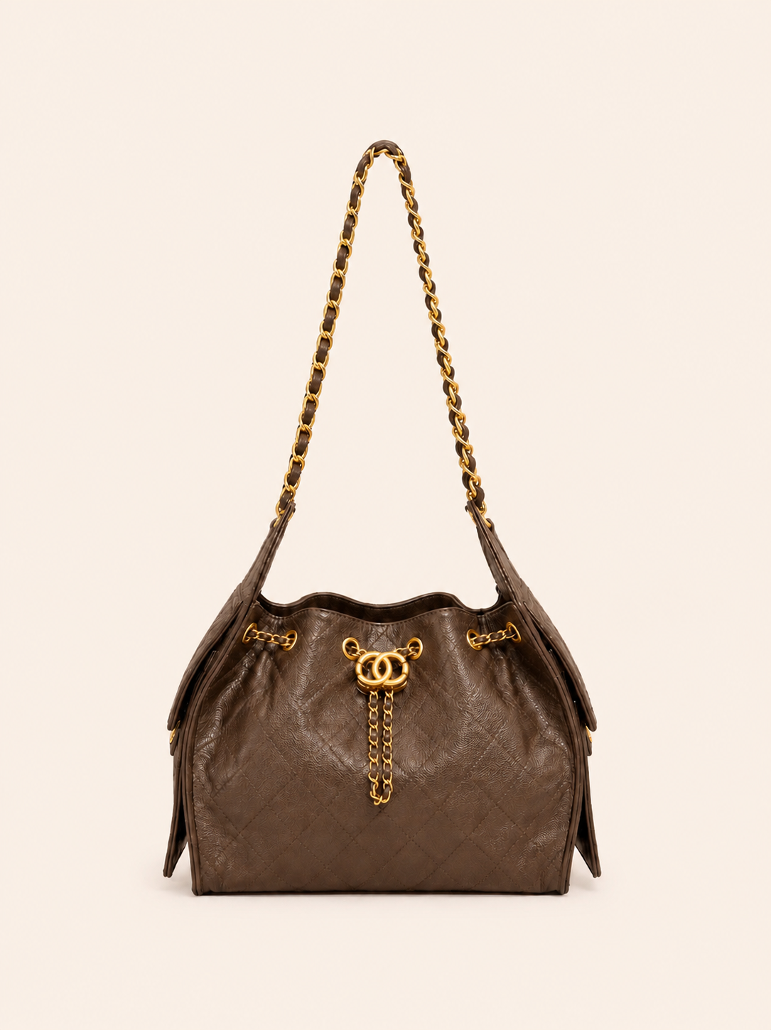 Luxury Quilted Mocha Brown Caviar Leather Shoulder Bag With Gold Chain Strap