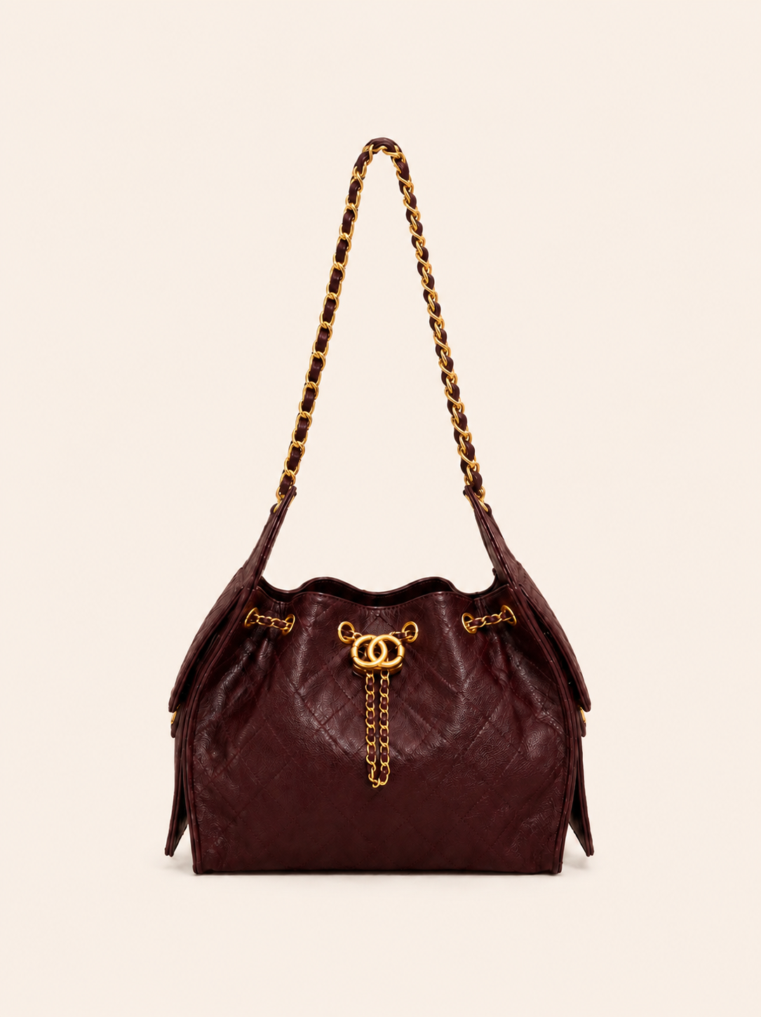 Luxury Quilted Dark Burgundy Caviar Leather Shoulder Bag With Gold Chain Strap