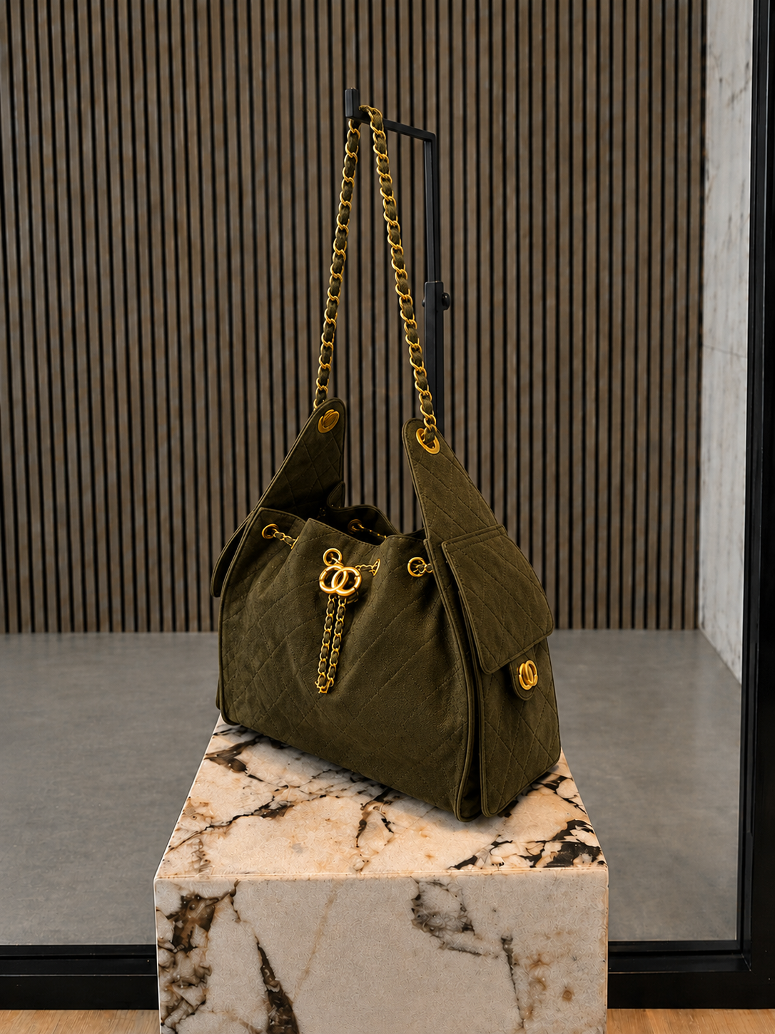 Luxury Quilted Dark Olive Suede Leather Shoulder Bag With Gold Chain Strap