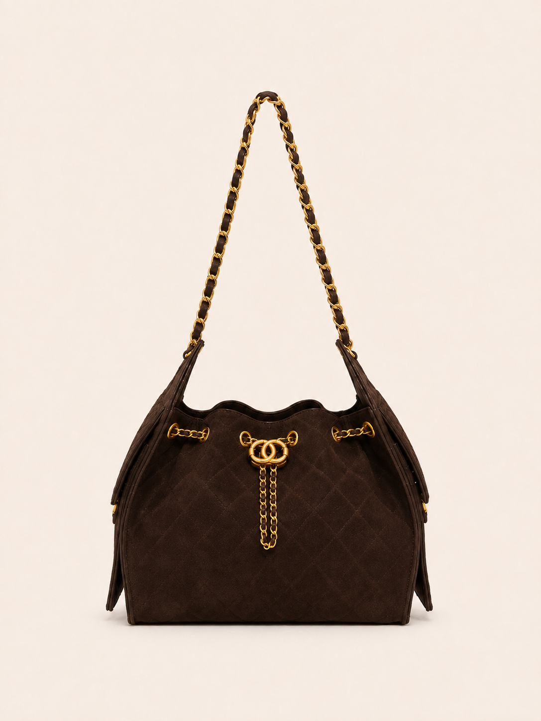 Luxury Quilted Dark Brown Suede Leather Bag With Gold Chain Strap