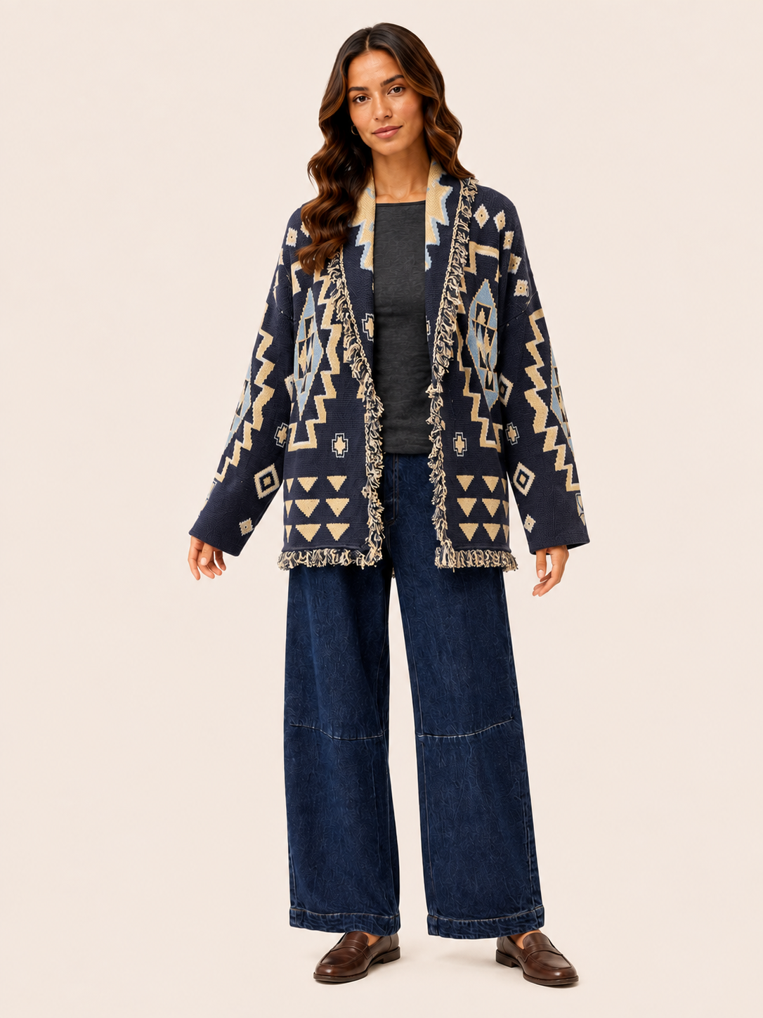 Navy Geometric Jacquard Fringe Cardigan - Women's Oversized Knit Jacket