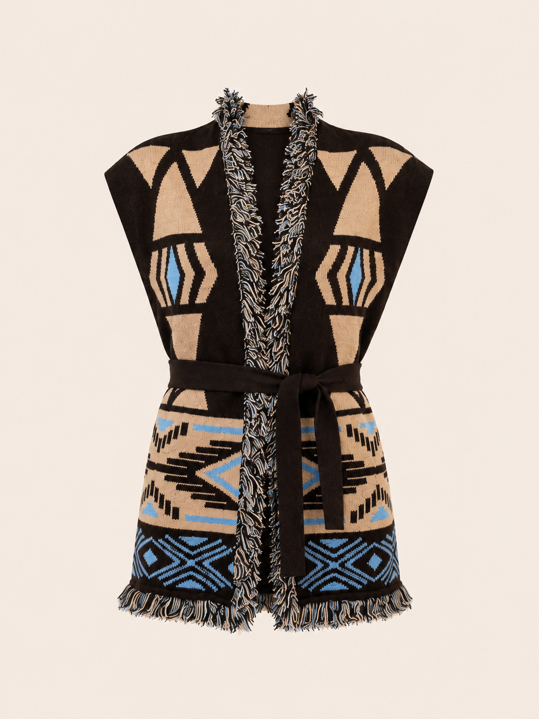 Women's Geometric Knit Belted Vest With Fringe - Brown & Blue