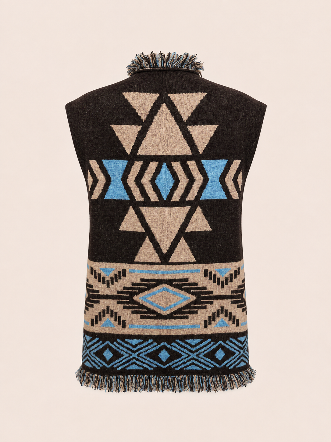 Women's Geometric Knit Belted Vest With Fringe - Brown & Blue