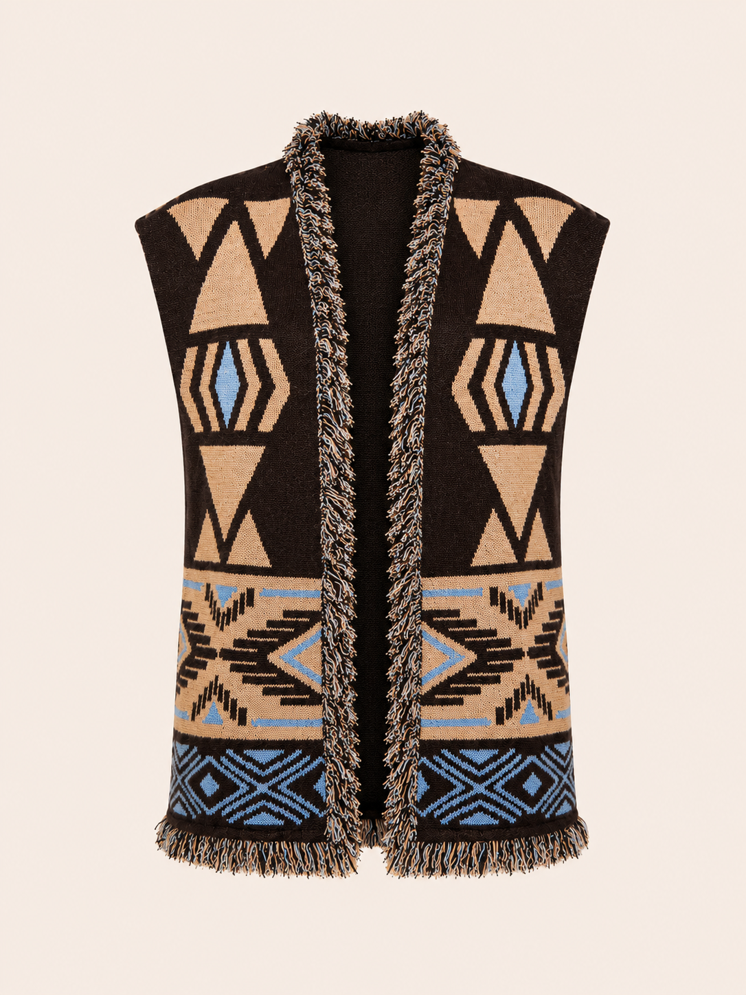 Women's Geometric Knit Belted Vest With Fringe - Brown & Blue