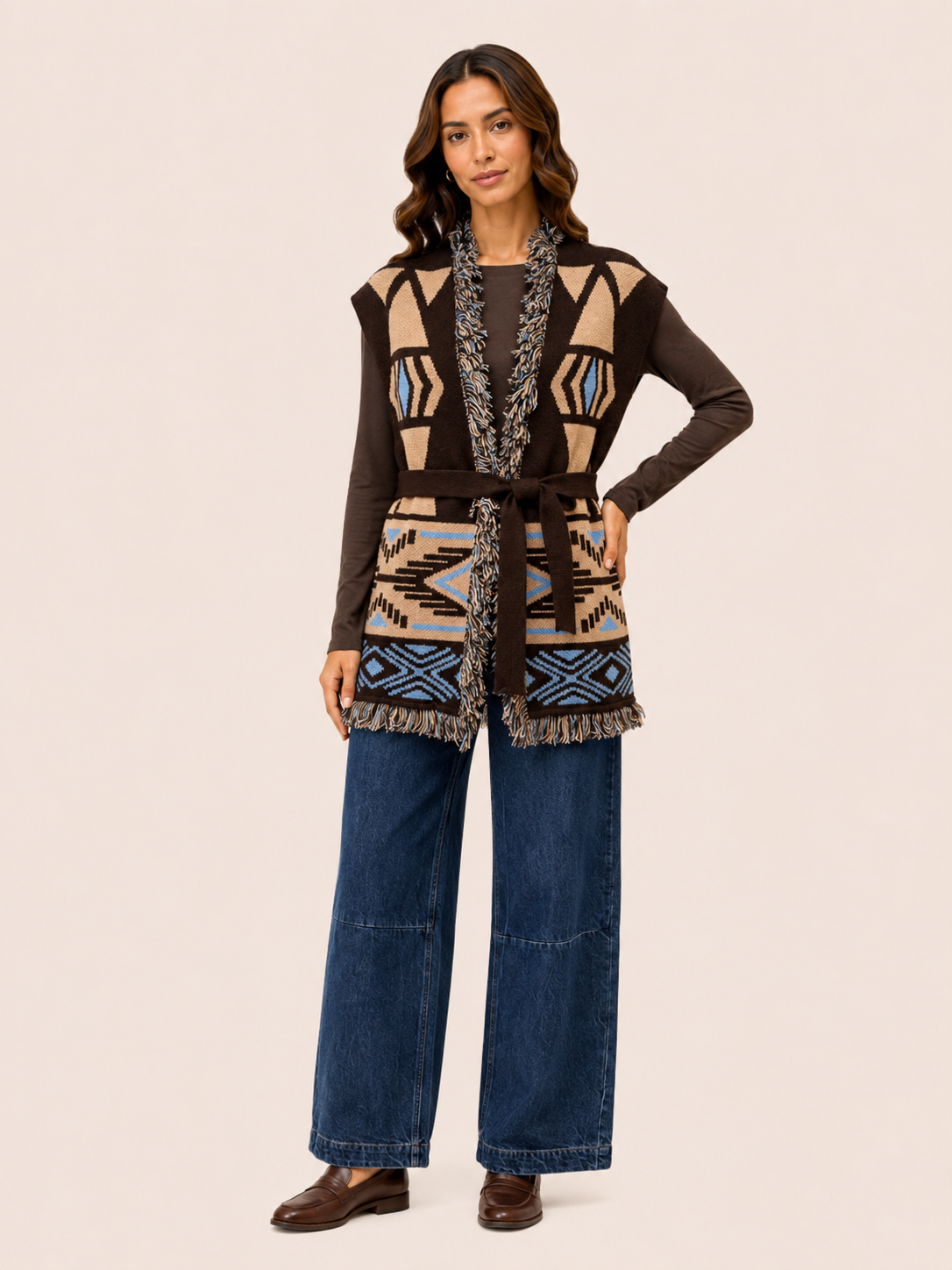 Women's Geometric Knit Belted Vest With Fringe - Brown & Blue