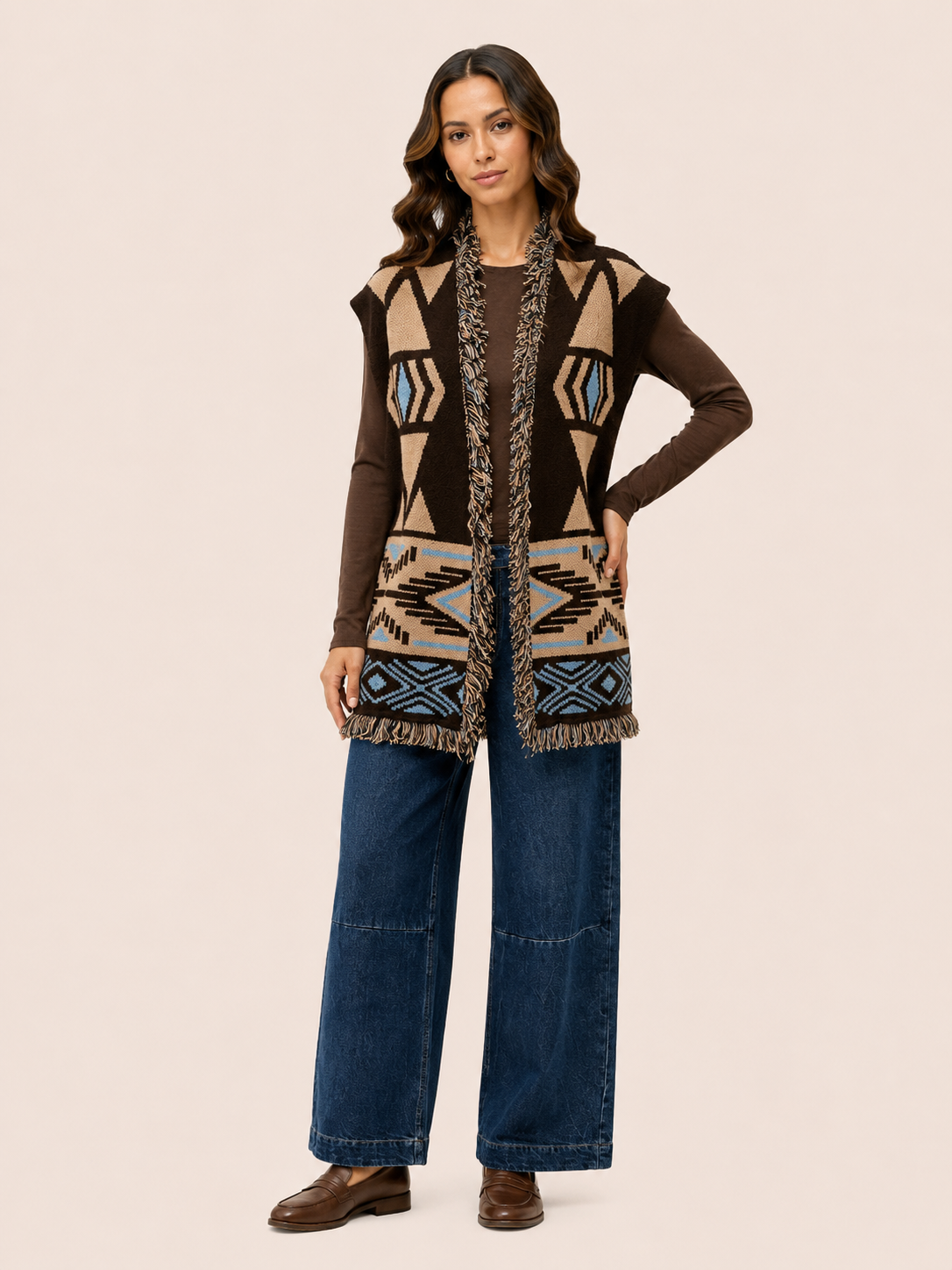 Women's Geometric Knit Belted Vest With Fringe - Brown & Blue