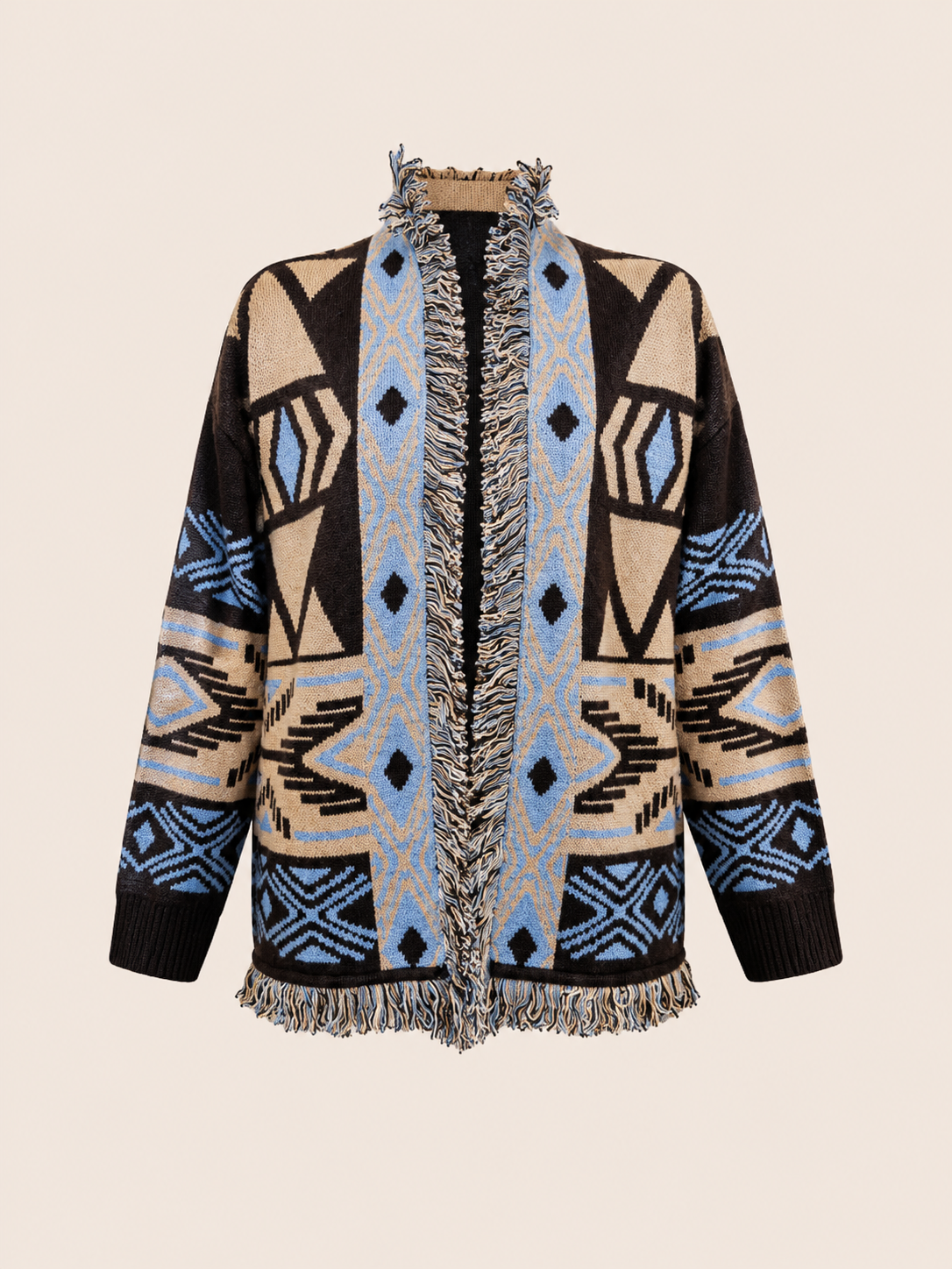 Blue & Beige Geometric Fringe Knit Cardigan