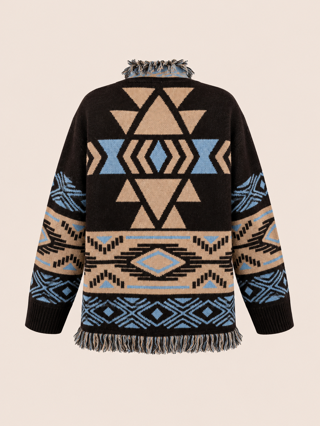 Blue & Beige Geometric Fringe Knit Cardigan