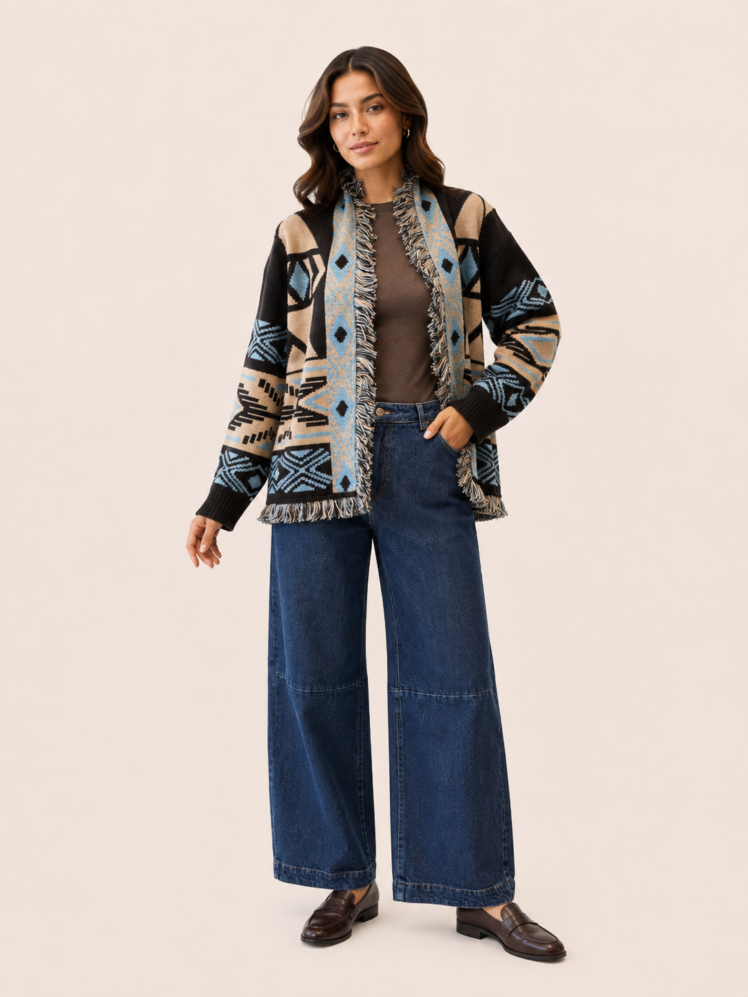 Blue & Beige Geometric Fringe Knit Cardigan